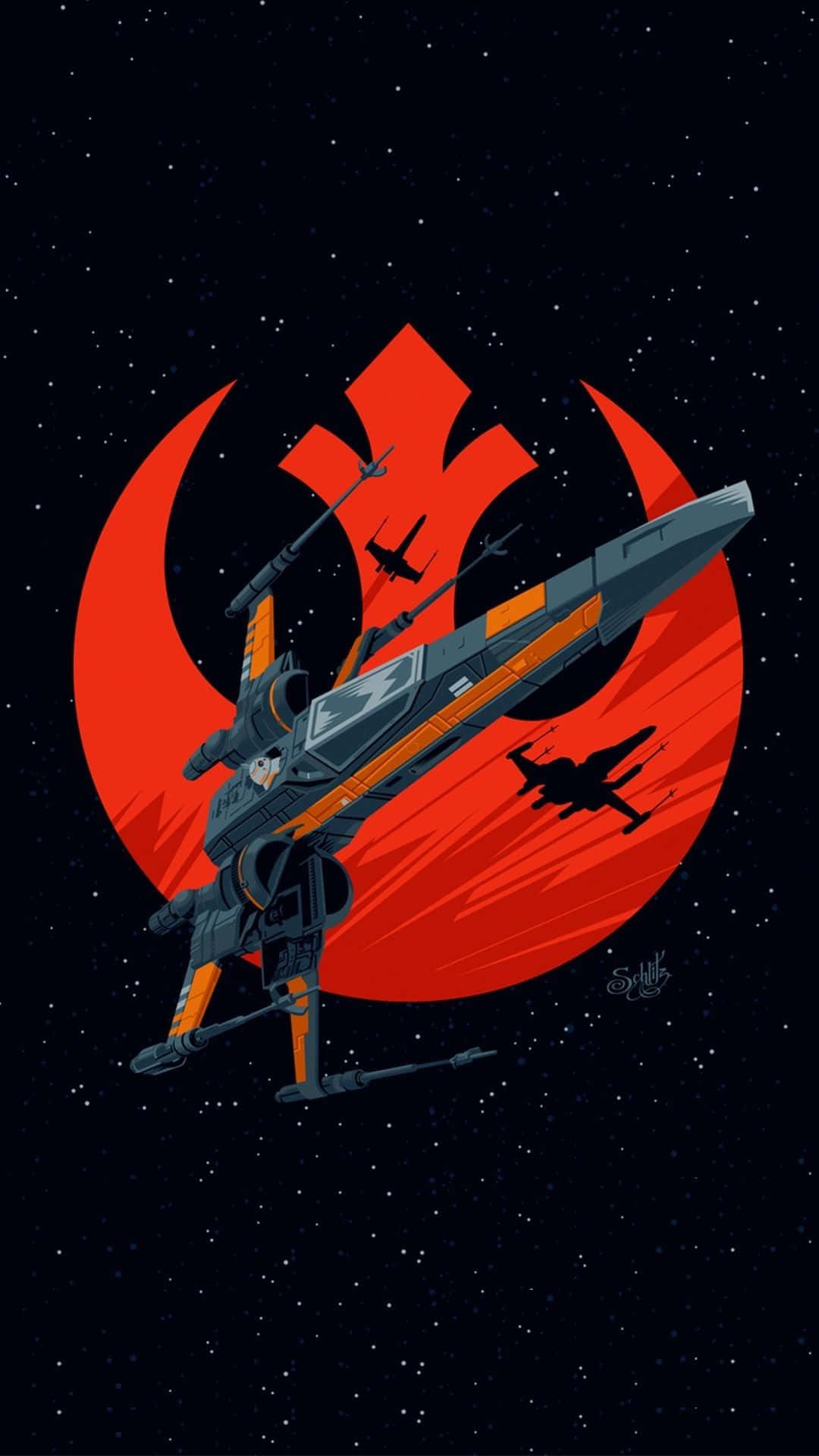 Star Wars Phone 桌布 壁紙 — 一艘流線型星際戰機在繁星虛空中翱翔，背後有一個巨大的紅色反抗軍徽章在發光。