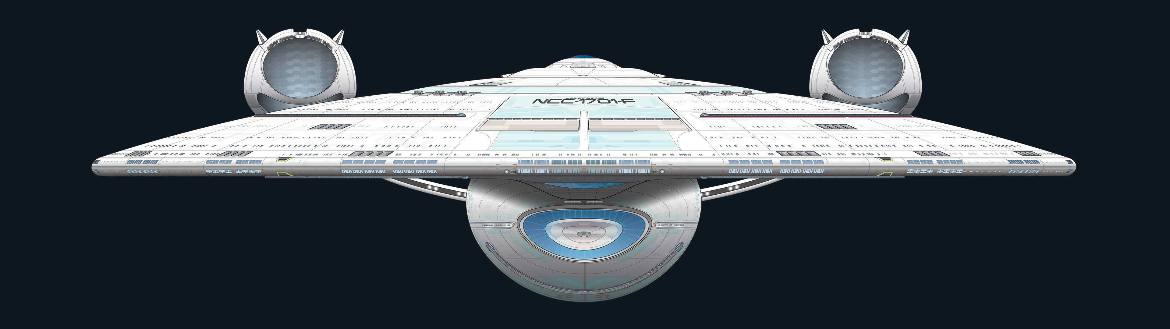 Starship 桌布 壁紙 — 一艘流線型白色星艦，帶有藍色點綴和「NCC-1701」標記，在黑暗虛空中滑行。