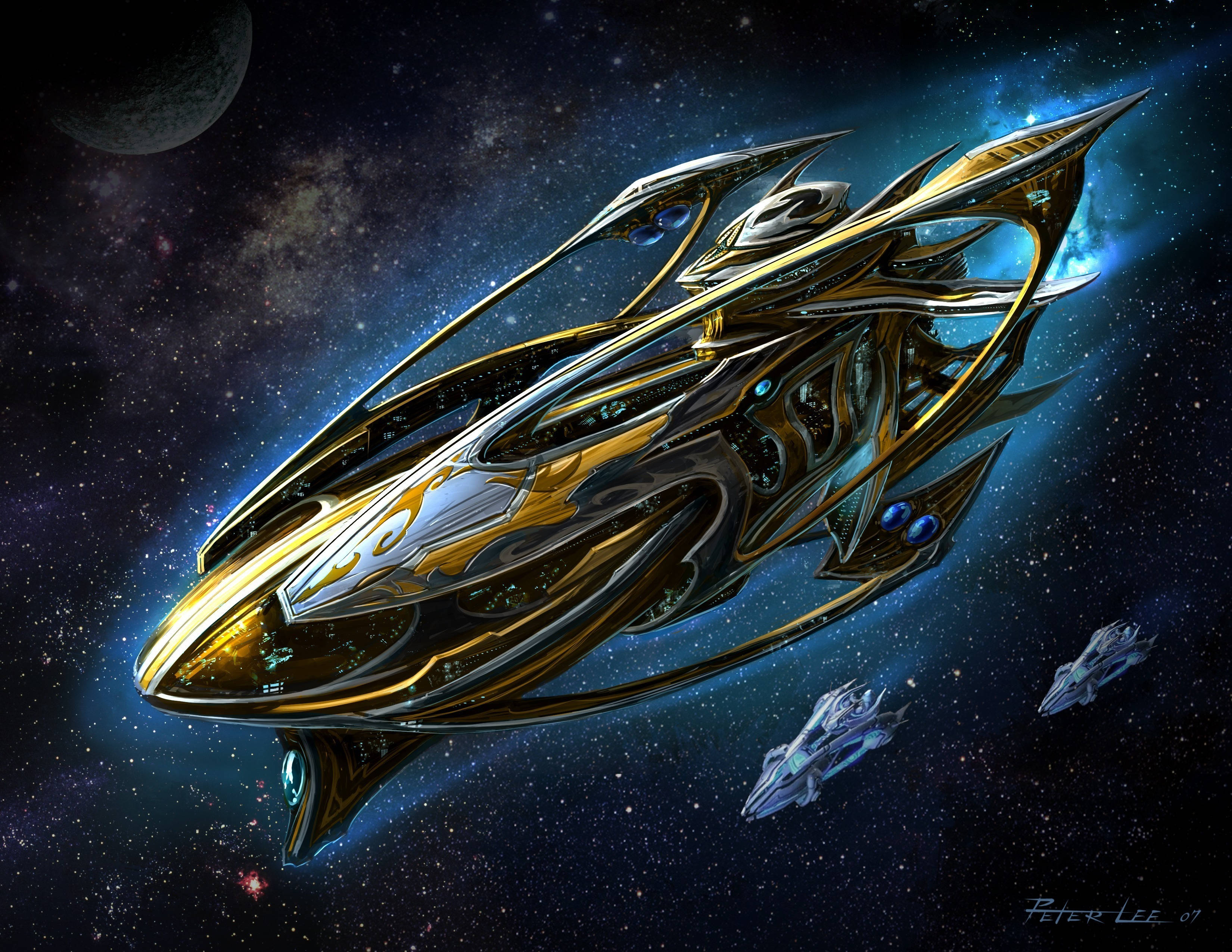 Starcraft 2 桌布 壁紙 — 一艘流線型的金色和黑色未來太空船在繁星點點的宇宙中滑行，後面跟著較小的飛船。