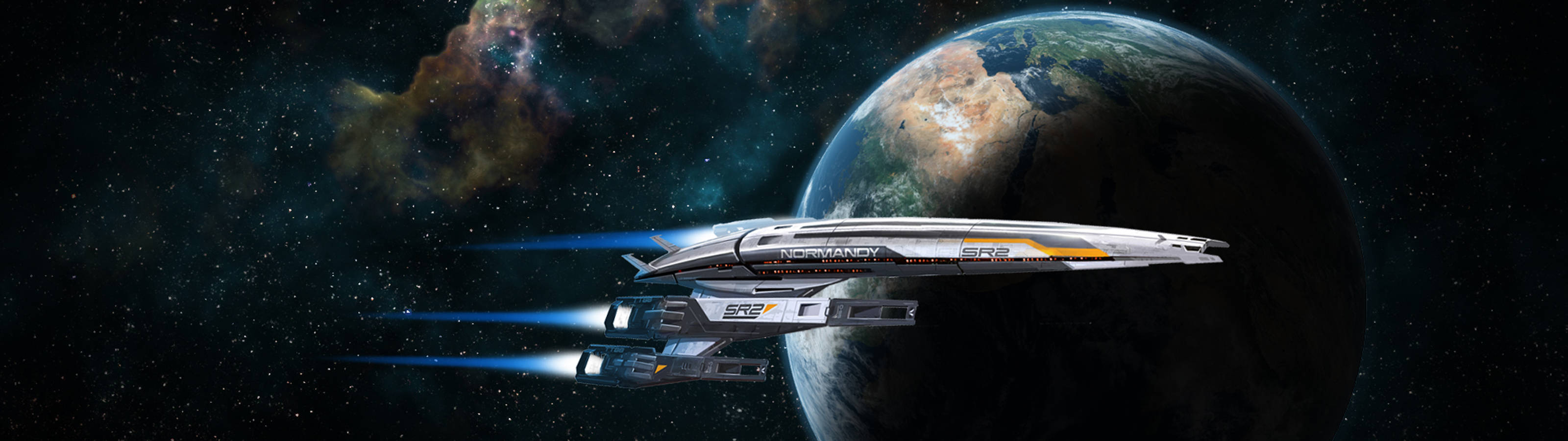 Spaceship 桌布 壁紙 — 一艘流線型的銀色太空船配備藍色推進器，在繁星點點的星雲背景下飛過詳細的地球。
