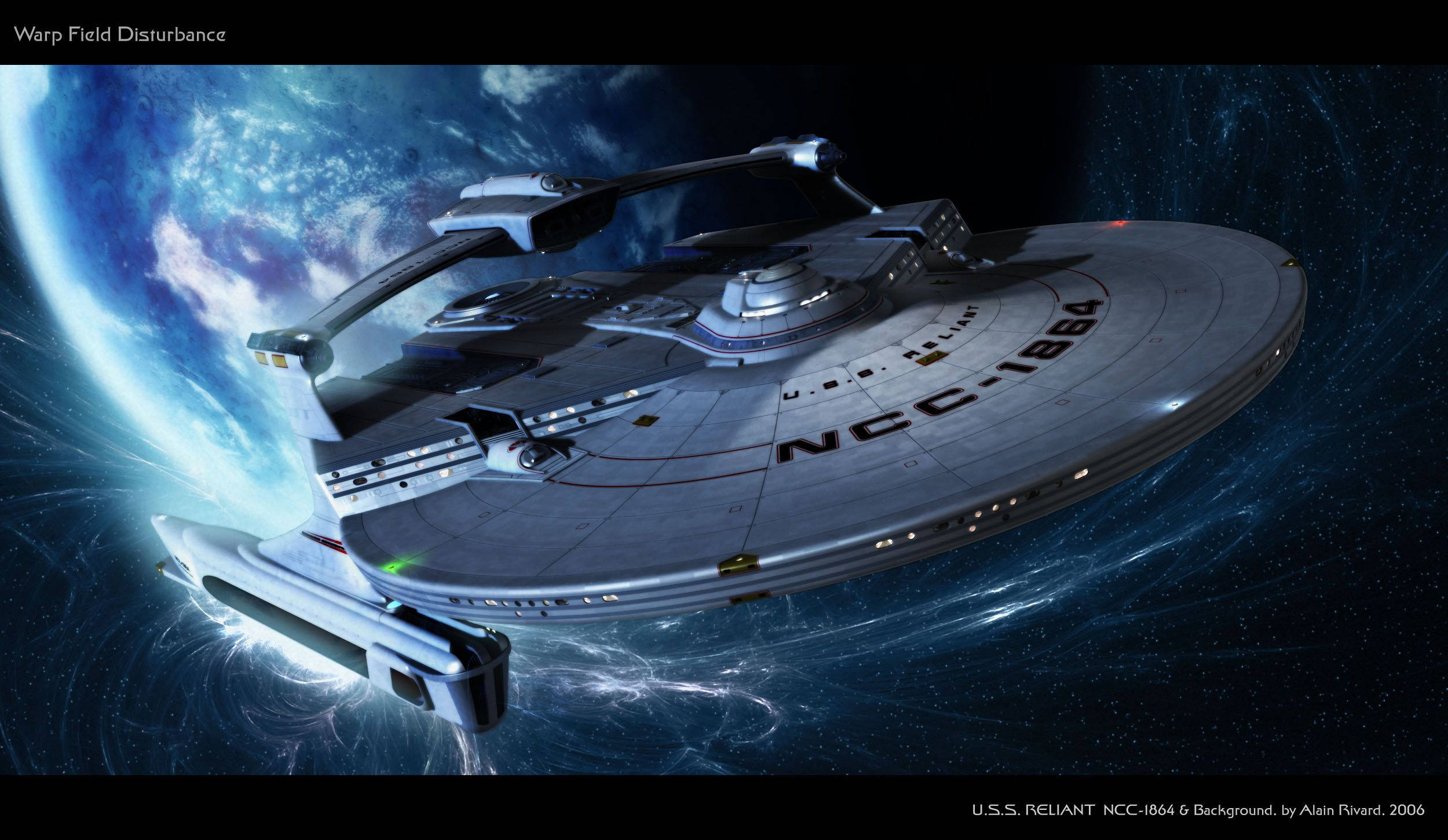 星際爭霸戰 桌布 壁紙 — 一艘流線型的銀色星艦在宇宙空間中滑行，背後有一顆充滿活力的藍色行星在發光。