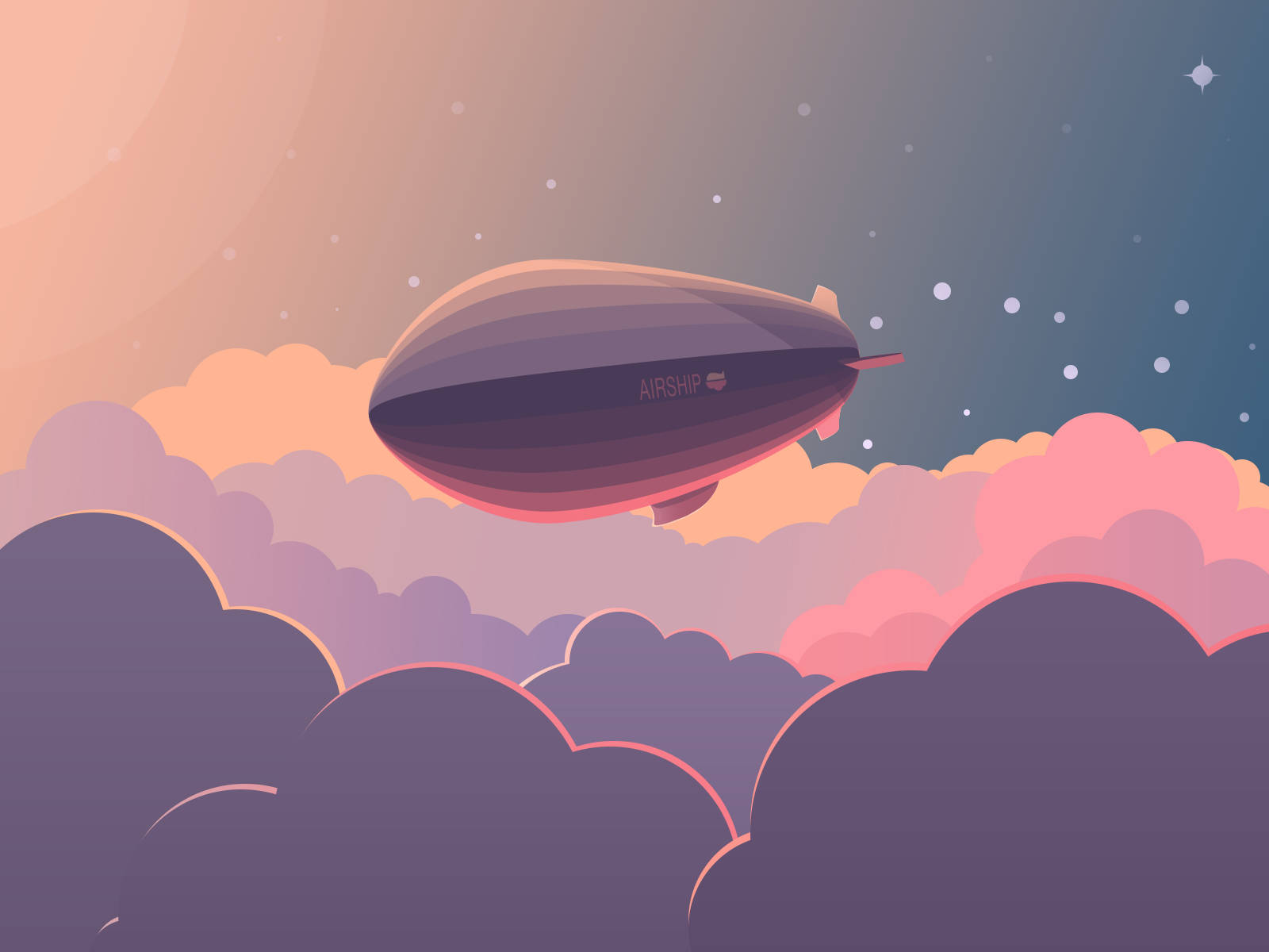 雲朵 桌布 壁紙 — 一艘流線型飛船在繁星點點的暮色天空下，滑過粉彩雲層。