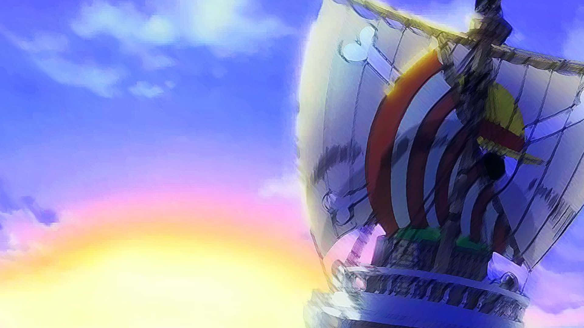 Going Merry 桌布 壁紙 — 一艘海盜船在充滿活力的日落天空下航行，天空呈現彩虹色調，船上有大型條紋帆。