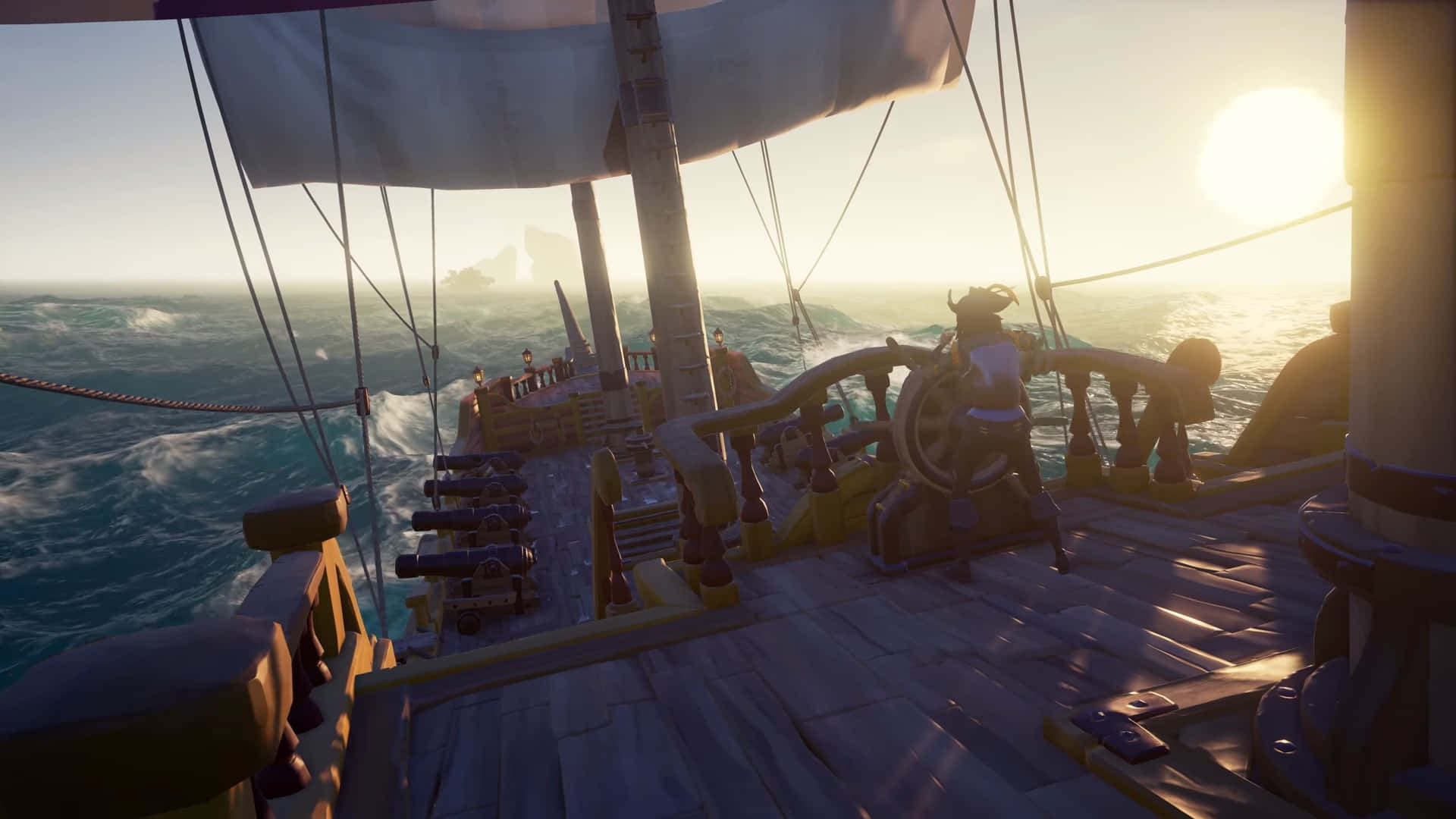 Sea Of Thieves 桌布 壁紙 — 一艘海盜船在日落時分航行於波濤洶湧的碧綠海水上，一名孤獨的身影掌舵。