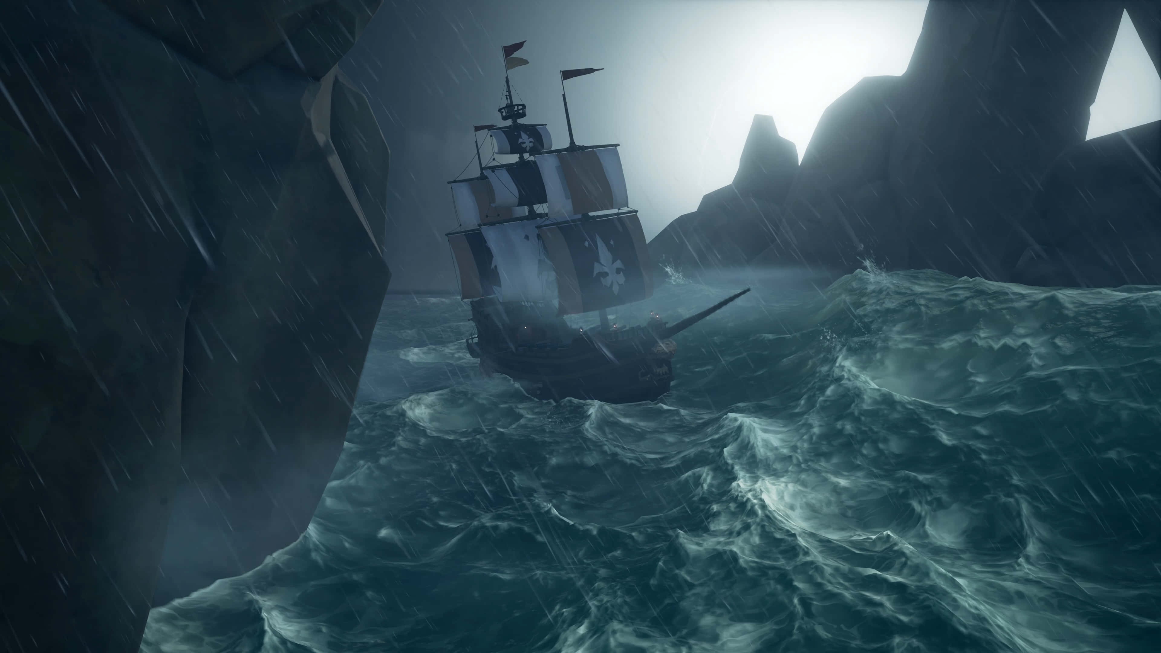 Sea Of Thieves 桌布 壁紙 — 一艘海盜船在暴風雨的天空下，於狹窄多岩石的海峽中航行，與兇猛的波浪和雨水搏鬥。