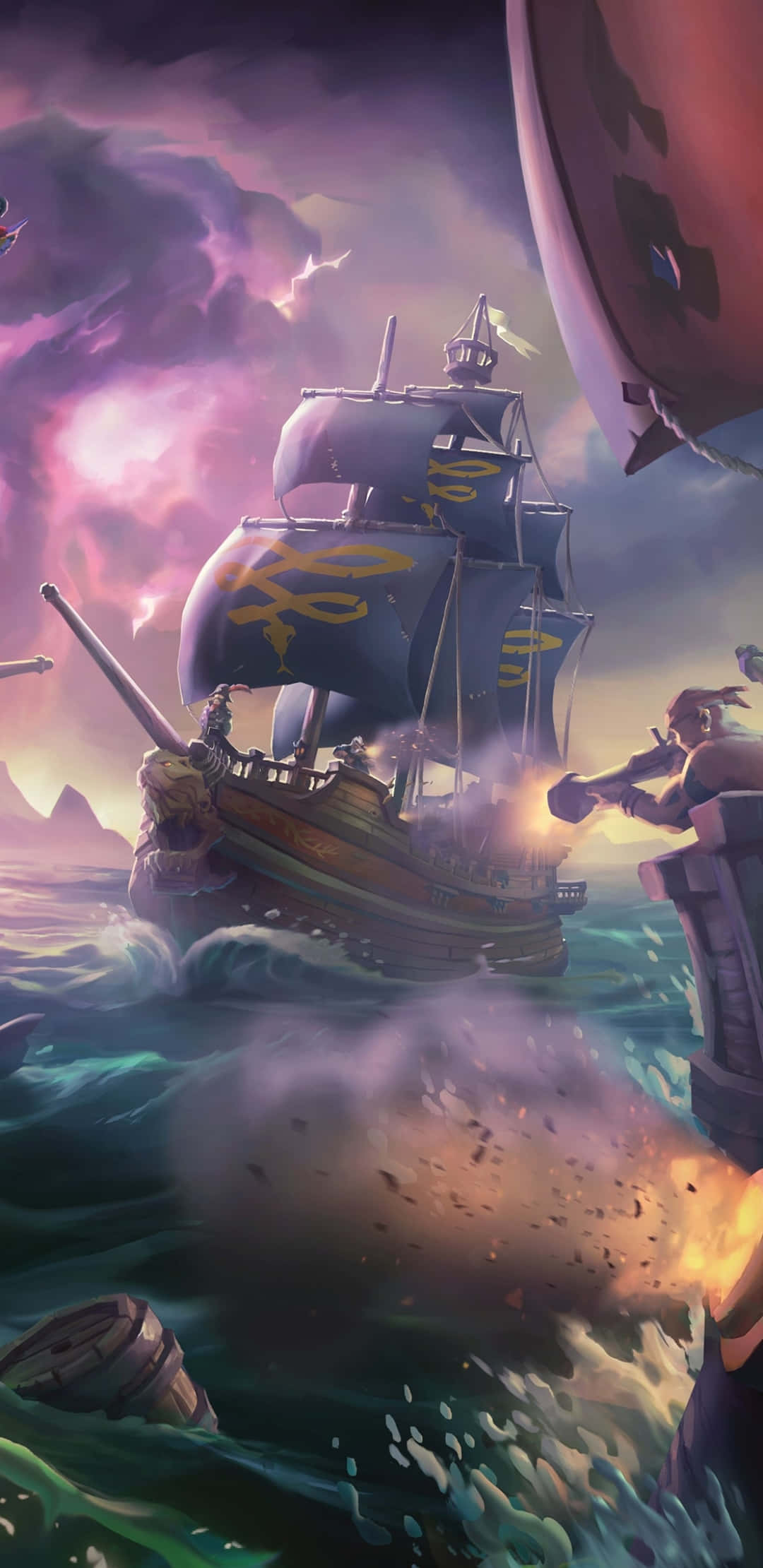Sea Of Thieves Phone 桌布 壁紙 — 一艘海盜船在暴風雨的紫色天空和翻騰的青綠色海浪中與一艘巨大的飛船戰鬥。