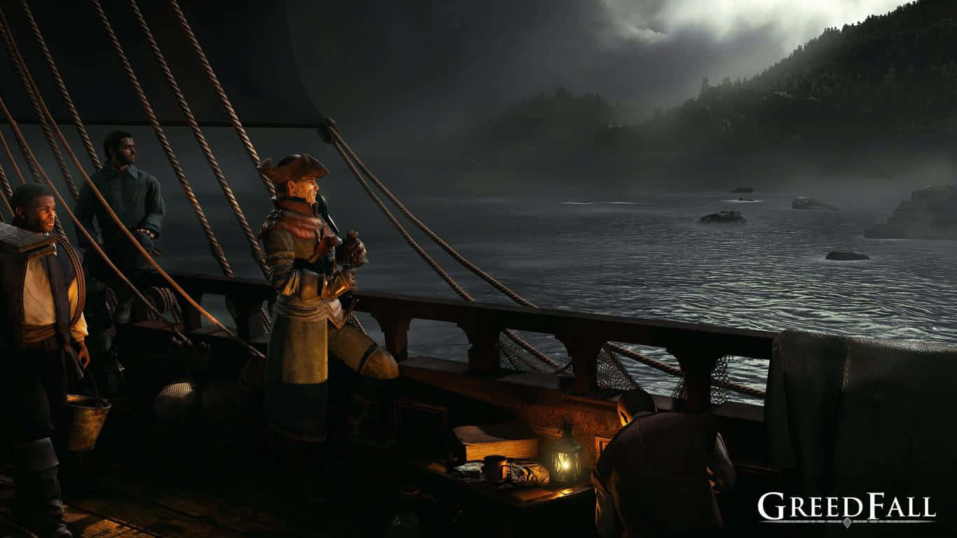 1366x768 Greedfall 桌布 壁紙 — 一艘海盜船在黃昏時分航行於迷霧水域，船員在暴風雨的天空下站在甲板上。