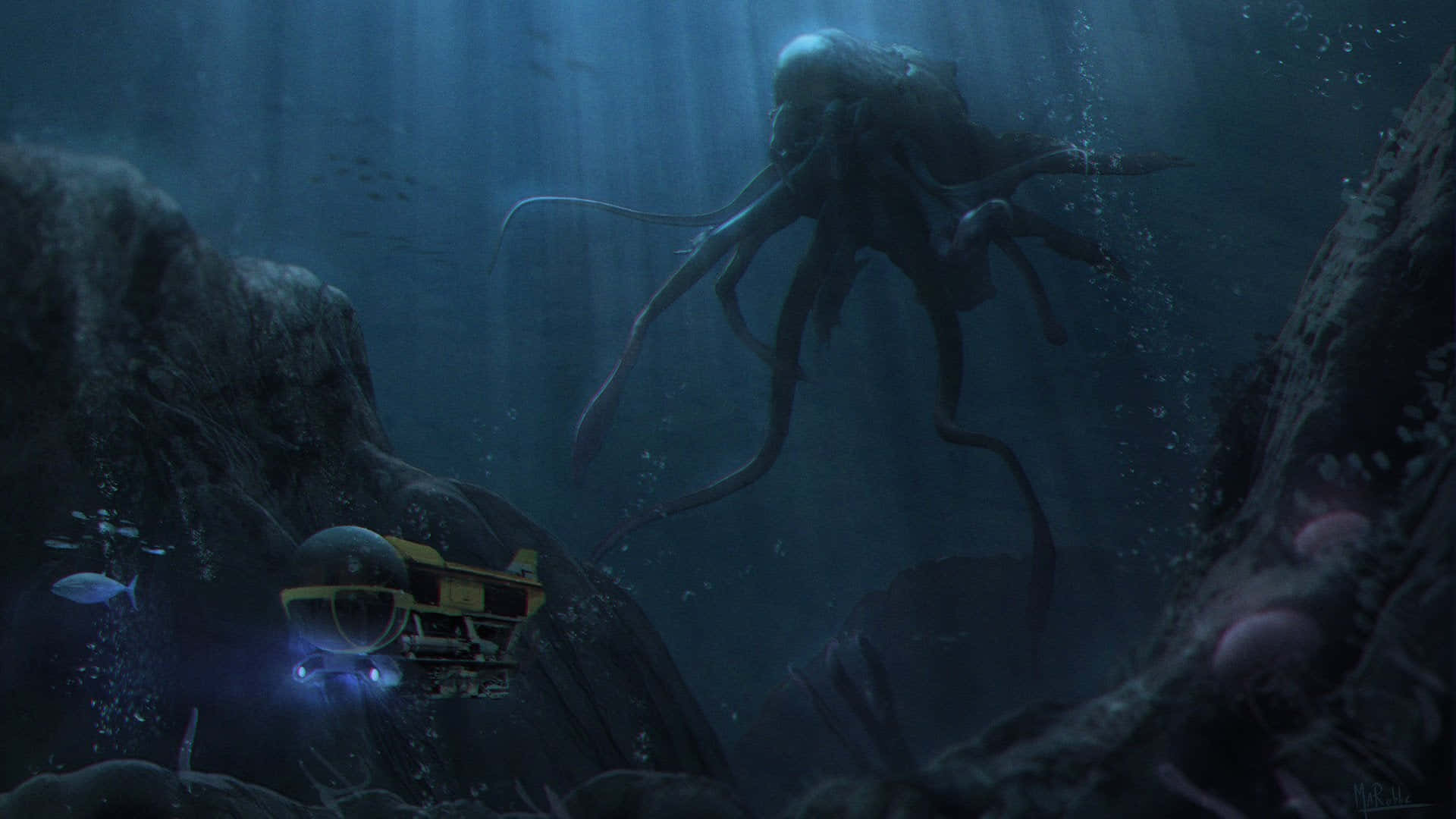 Scary Underwater 桌布 壁紙 — 一艘深海潛水器在穿透渾濁海洋深處的光束中，面對一隻巨大而陰影般的章魚。