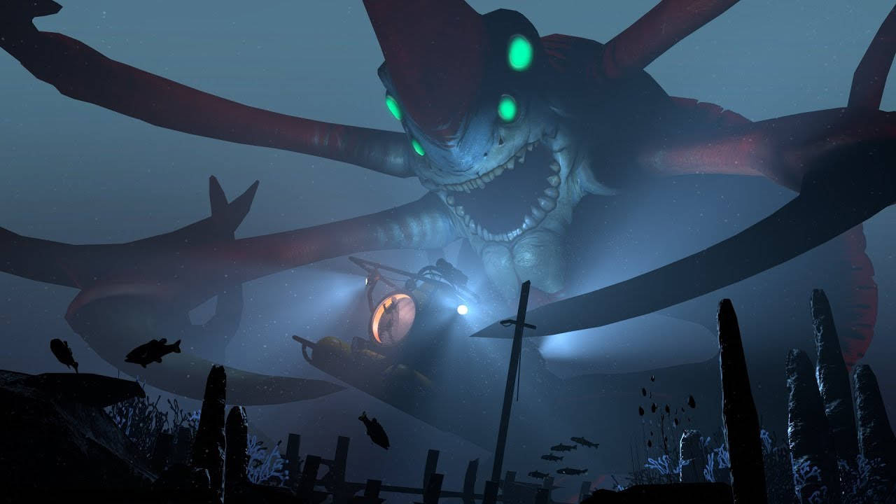 ghost leviathan 桌布 壁紙 — 一艘深海潛水器在黑暗的水下深淵中與一隻巨大的發光眼章魚搏鬥。