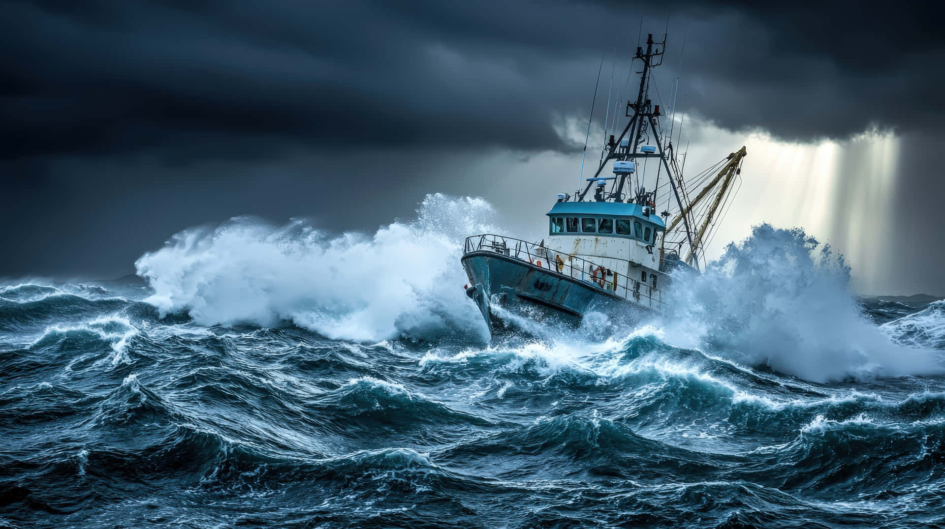 A fishing boat struggles against massive waves in a stormy ocean under dark clouds 壁紙 — 一艘漁船在暴風雨的天空下，與滔天巨浪搏鬥，戲劇性的陽光穿透烏雲。