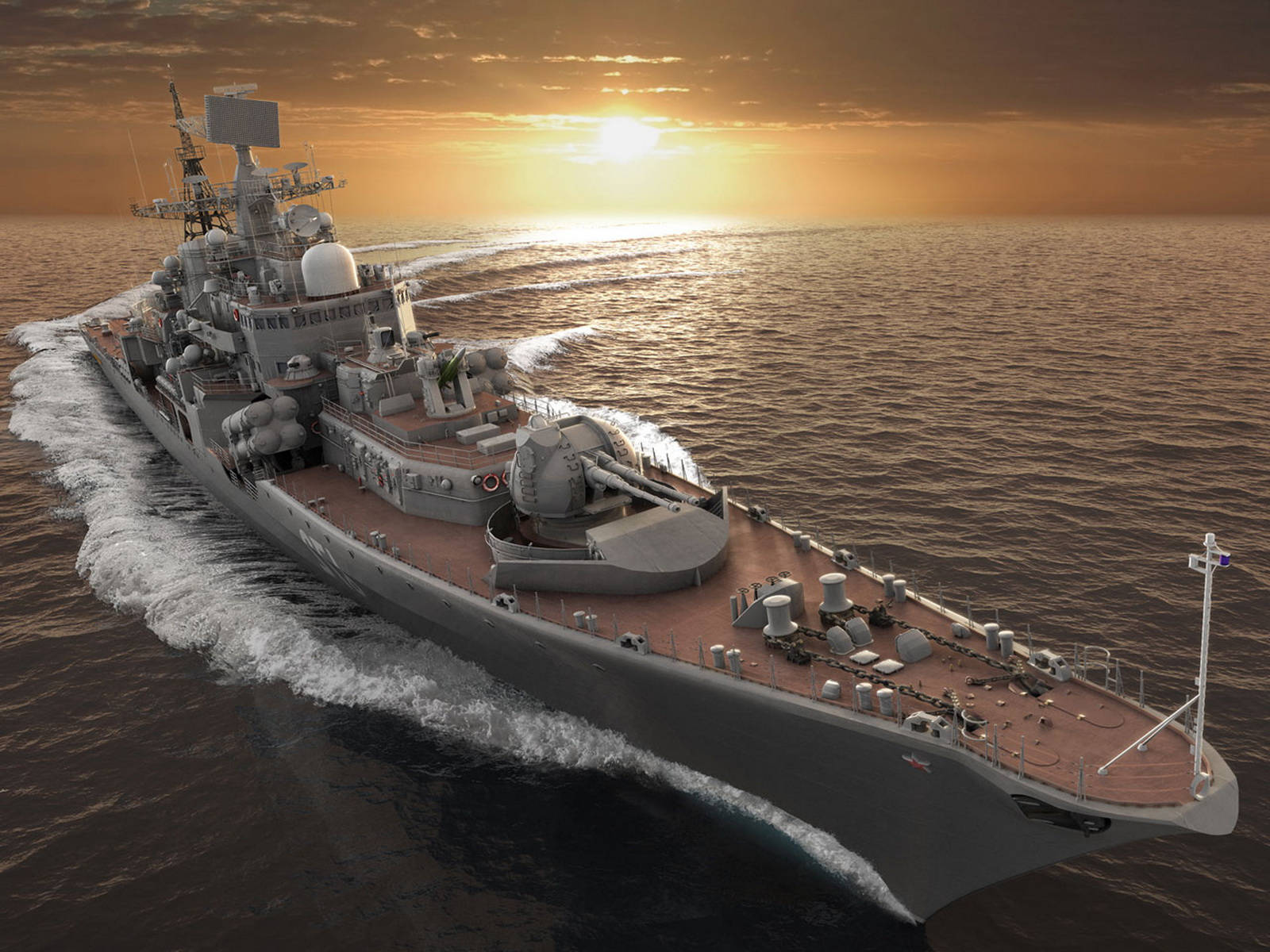 Warship 桌布 壁紙 — 一艘灰色戰艦在金色日落天空和發光的地平線下劃過海浪。