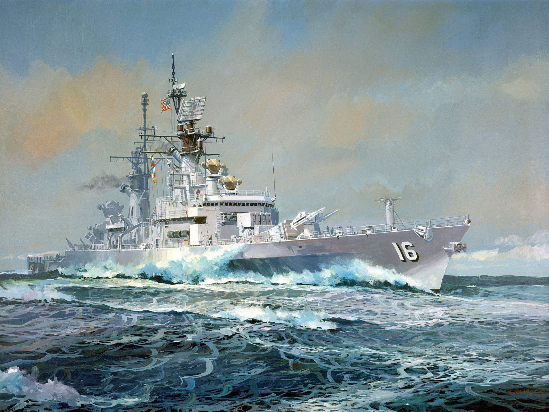 灰色驅逐艦在多雲的天空下航行於波濤洶湧的海域。