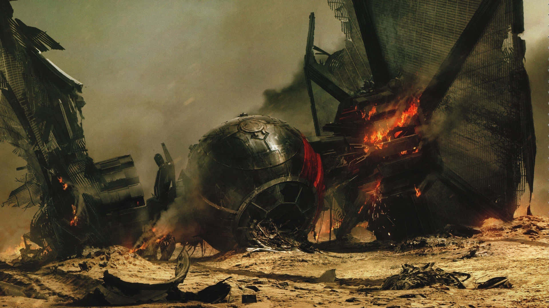 Star Wars The Force Awakens 桌布 壁紙 — 一艘燃燒的廢棄太空船躺在荒涼的戰場廢墟中，煙霧和火焰吞噬著殘骸。