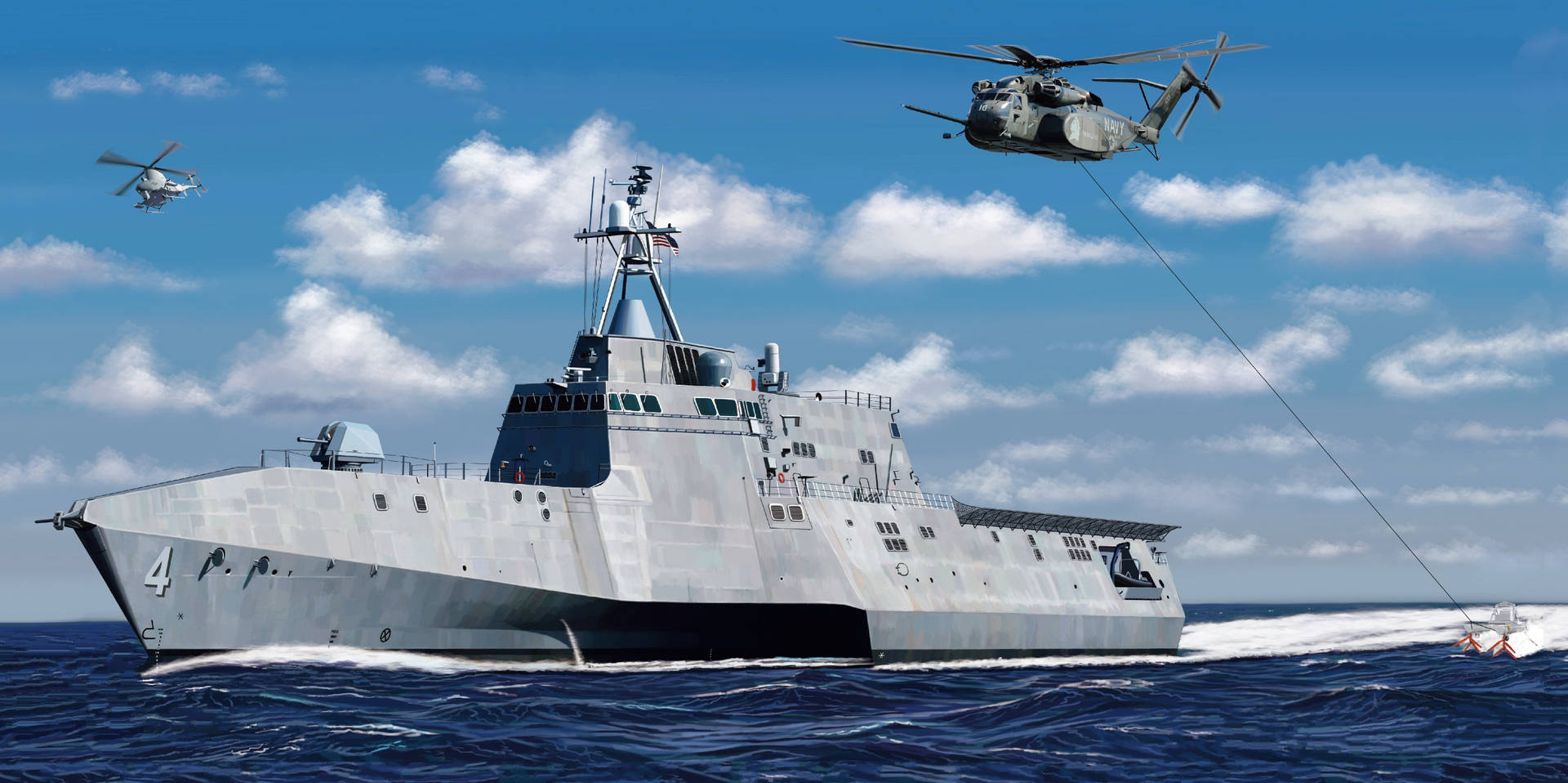海上軍艦與飛行中的直升機。