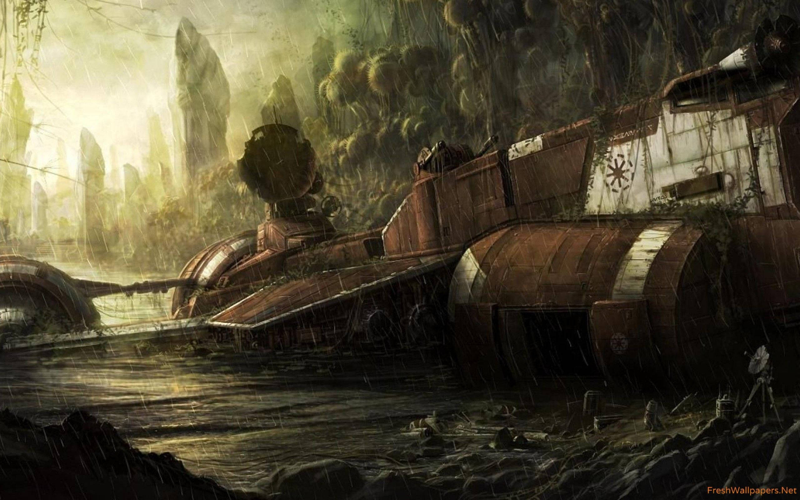 Raid 桌布 壁紙 — 一艘生鏽的戰艦被遺棄在沼澤廢墟中，天空風暴密佈，發光的綠色植物點綴其間。