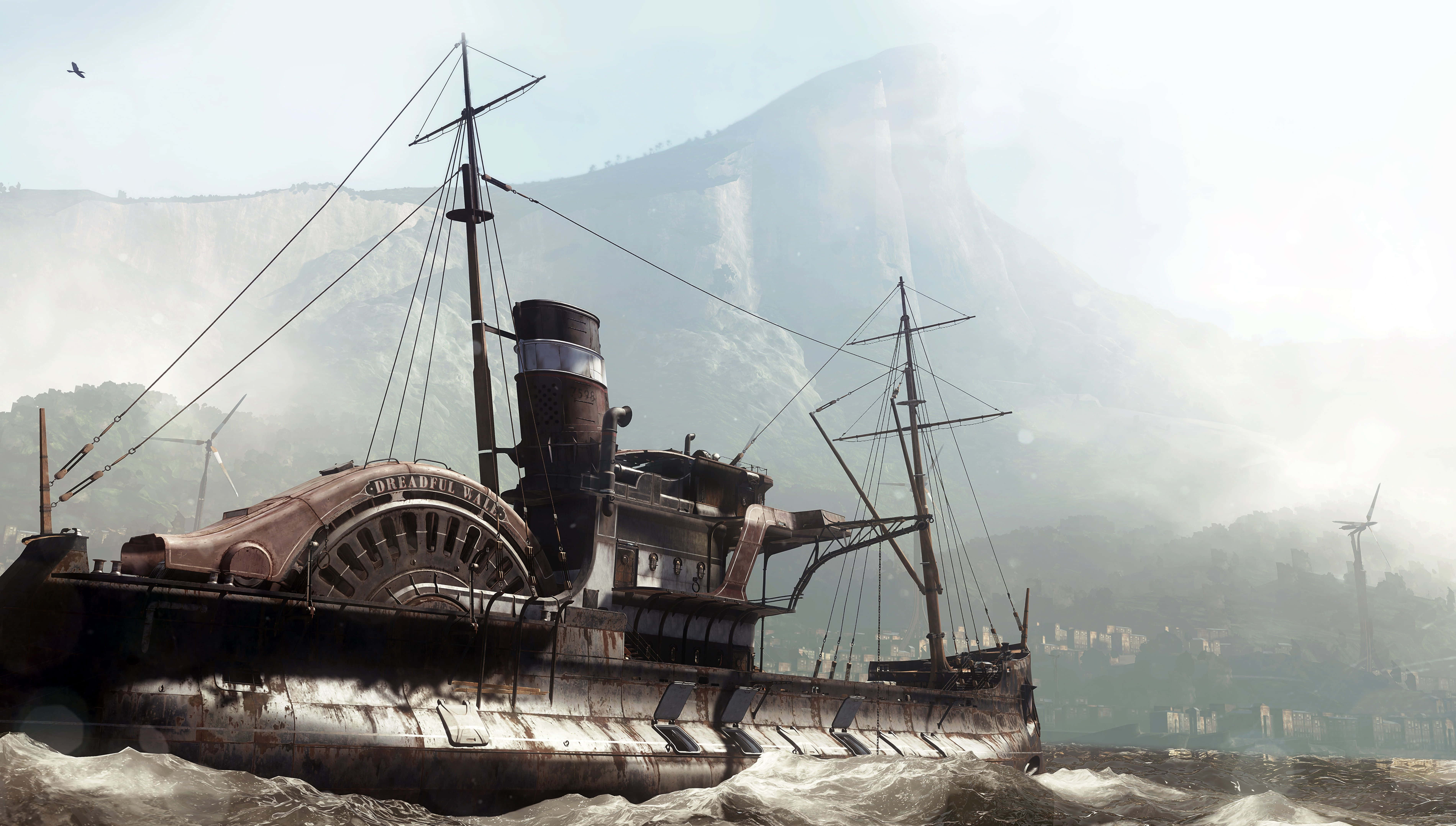 Dishonored 2 桌布 壁紙 — 一艘生鏽的無畏艦在波濤洶湧的海面上航行，背景是霧氣瀰漫的山脈和風力發電機。