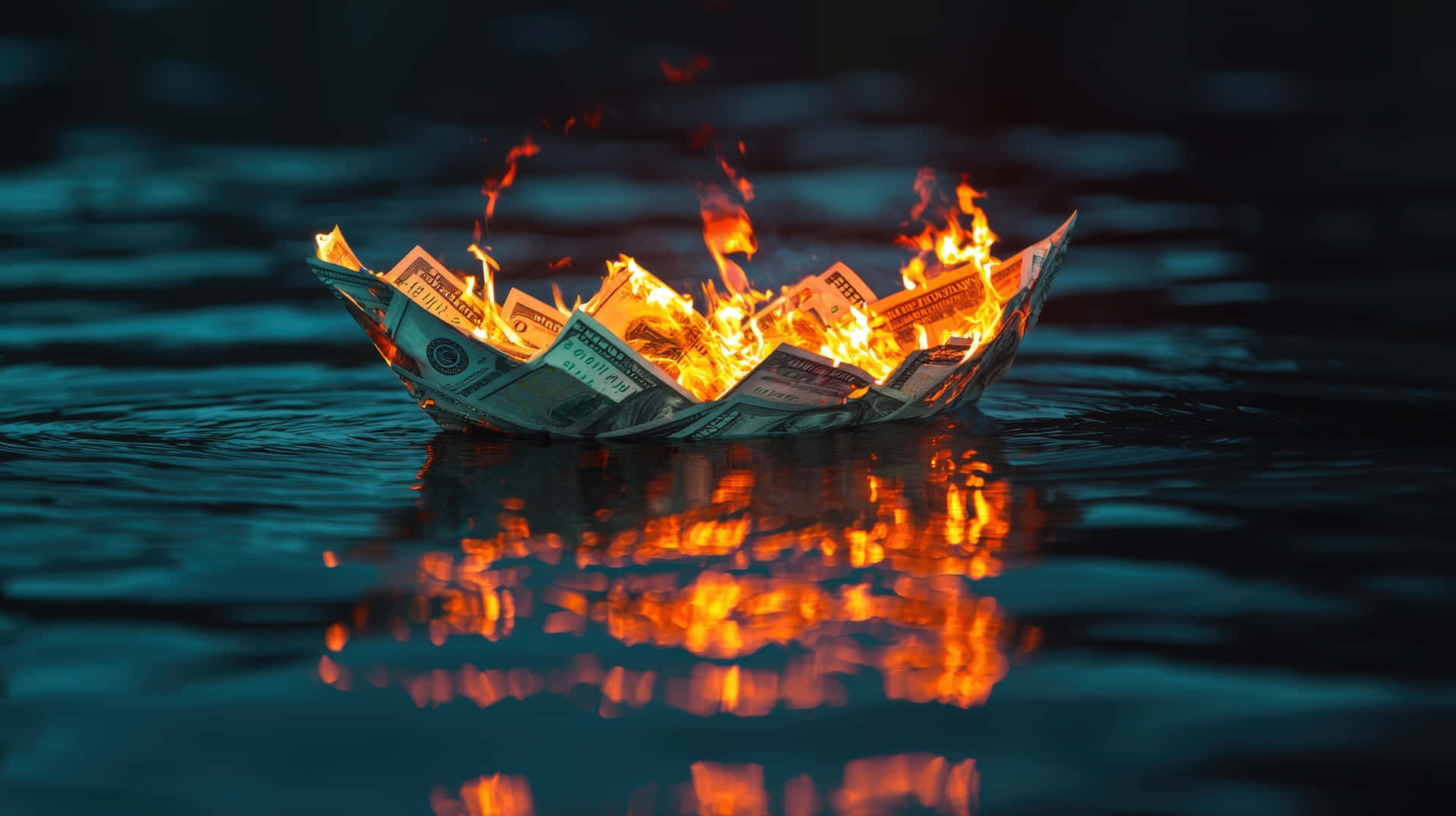 Paper Boat Made of Burning Money Floating on Water 壁紙 — 一艘用燃燒的美元紙幣製成的紙船漂浮在黑暗的水面上，反射出火橙色的火焰。