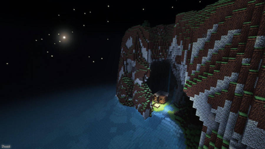 Stars 桌布 壁紙 — 一艘發光的Minecraft船在星空下停泊在懸崖底部。
