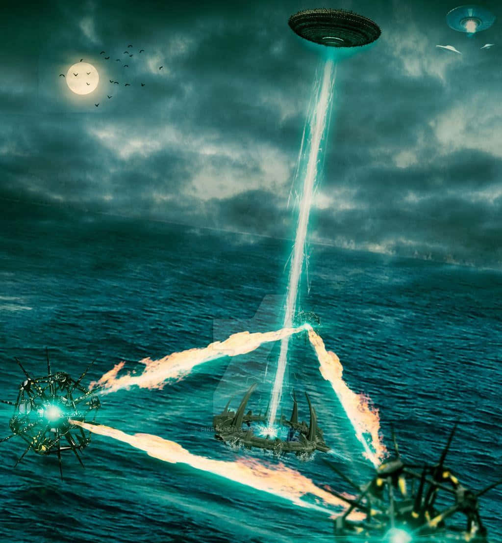 Bermuda Triangle 桌布 壁紙 — 一艘發光的UFO懸浮在暴風雨的海面上，向一艘船發射能量，而其他外星飛船在戲劇性的夜晚場景中發射光束。