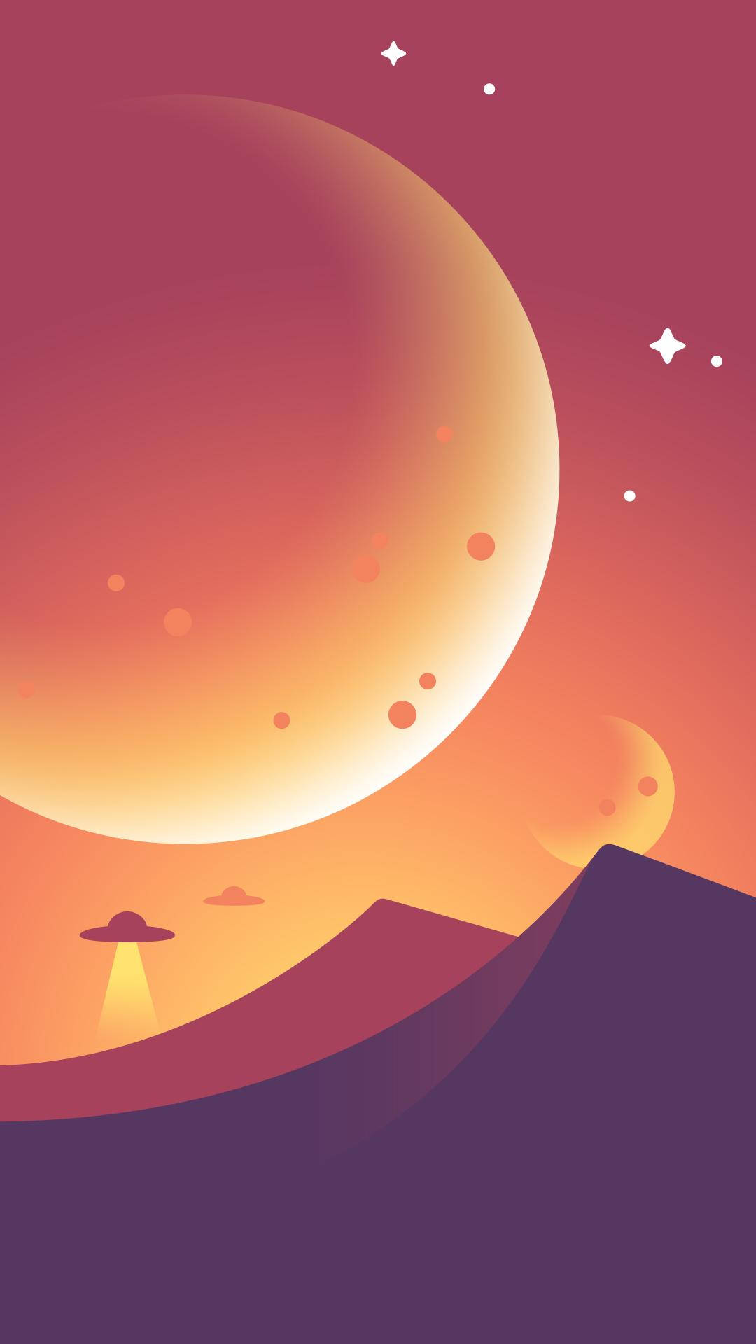 極簡 iPhone 桌布 壁紙 — 一艘發光的外星飛船在繁星點點的暮色天空中，懸浮在紫色山脈之上，下方是一顆巨大的橙色行星。