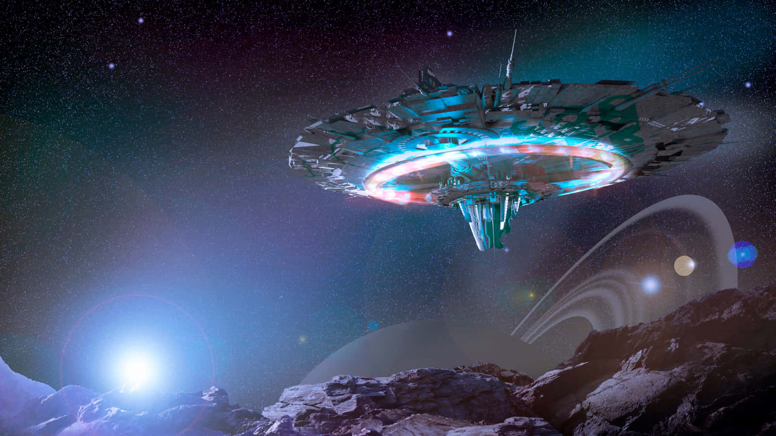 Interstellar Travel 桌布 壁紙 — 一艘發光的未來太空船懸浮在一個有環和星星的岩石外星行星上空，宇宙夜空。