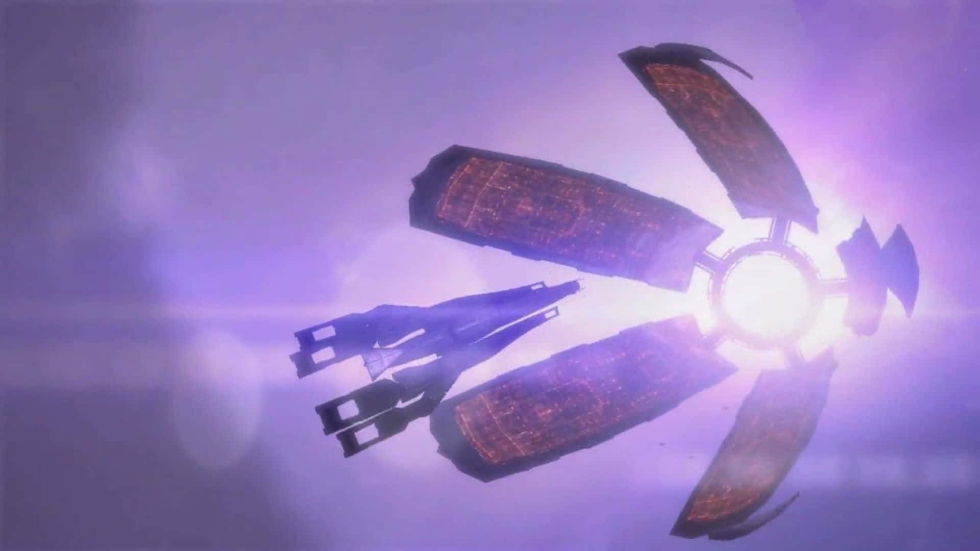 Mass Effect Citadel 桌布 壁紙 — 一艘發光的未來太空船配備太陽能板，在朦朧的紫色天空中散發出強烈的光芒。