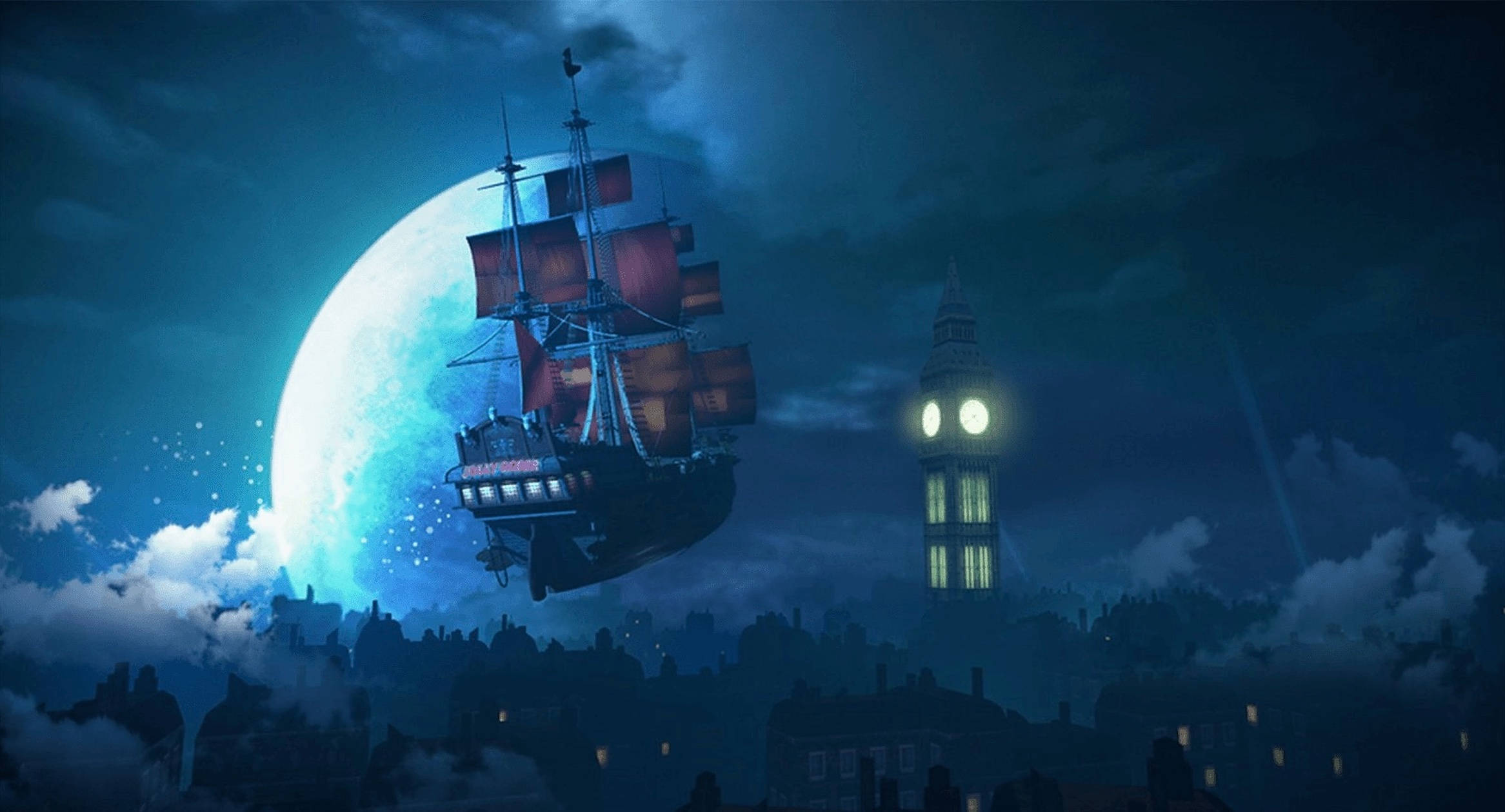 Peter Pan 桌布 壁紙 — 一艘發光的海盜船在夜間駛過倫敦大笨鐘上方的巨大月亮。