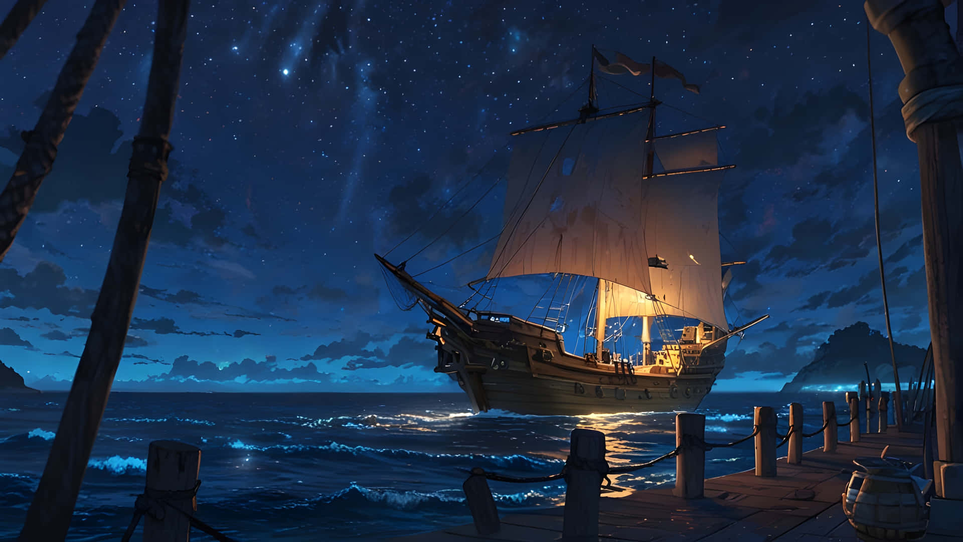 A ship Sailing on the sea 壁紙 — 一艘發光的海盜船在星空下行駛，海浪反射月光，附近有一個木碼頭。