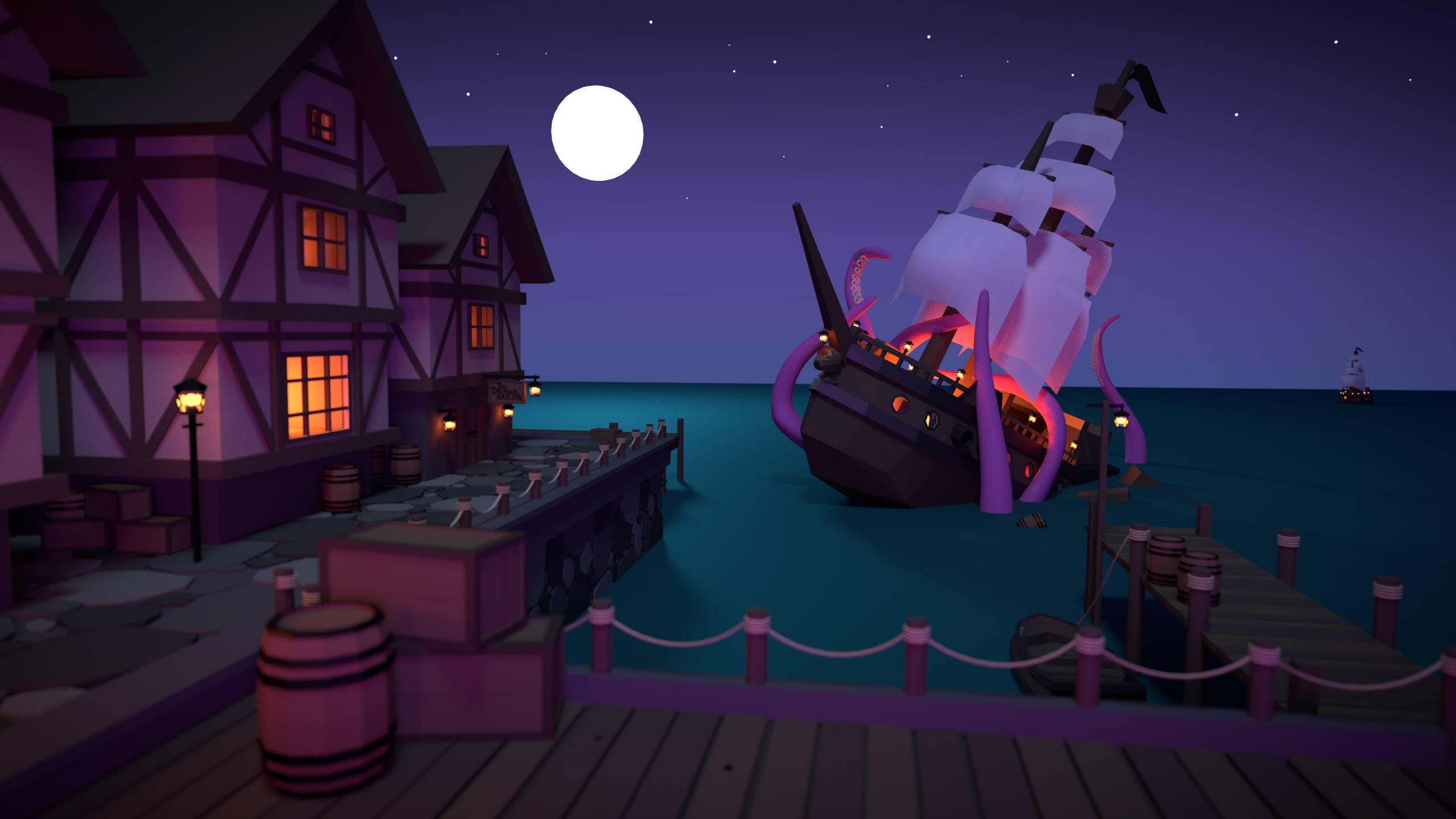 Sea Of Thieves 桌布 壁紙 — 一艘發光的海盜船帶有觸手，在滿月下的木製碼頭擱淺，呈現風格化的夜景。