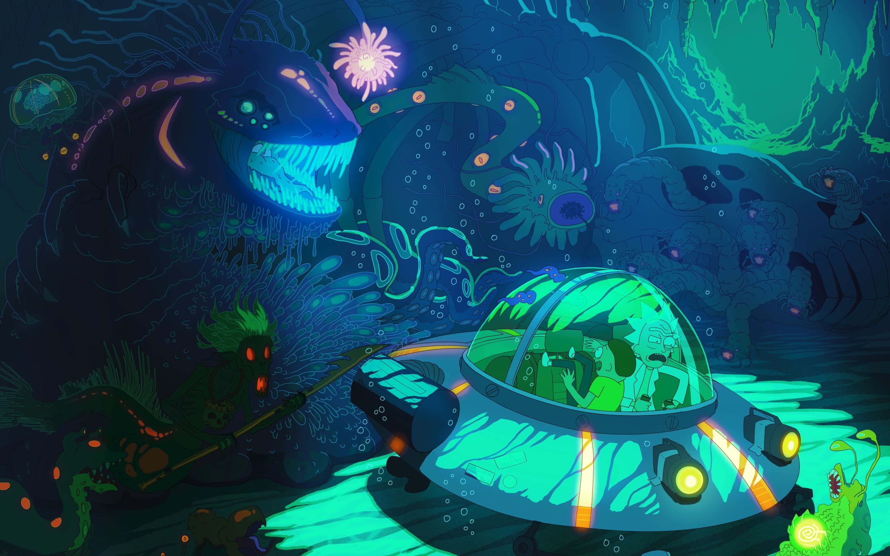 桌布 壁紙 — 一艘發光的潛艇在一個充滿生物發光外星生物和發光植物的超現實水下洞穴中航行。