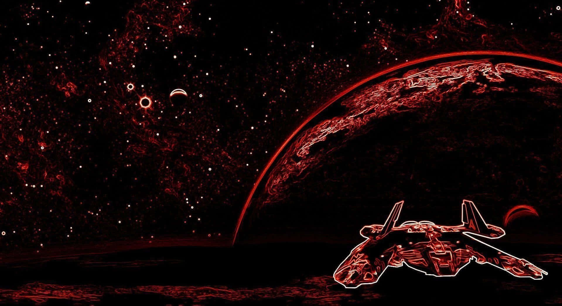Dark Red Aesthetic 桌布 壁紙 — 一艘發光的紅色太空船在繁星點點的宇宙背景下，靠近一顆行星和彎月飛行。