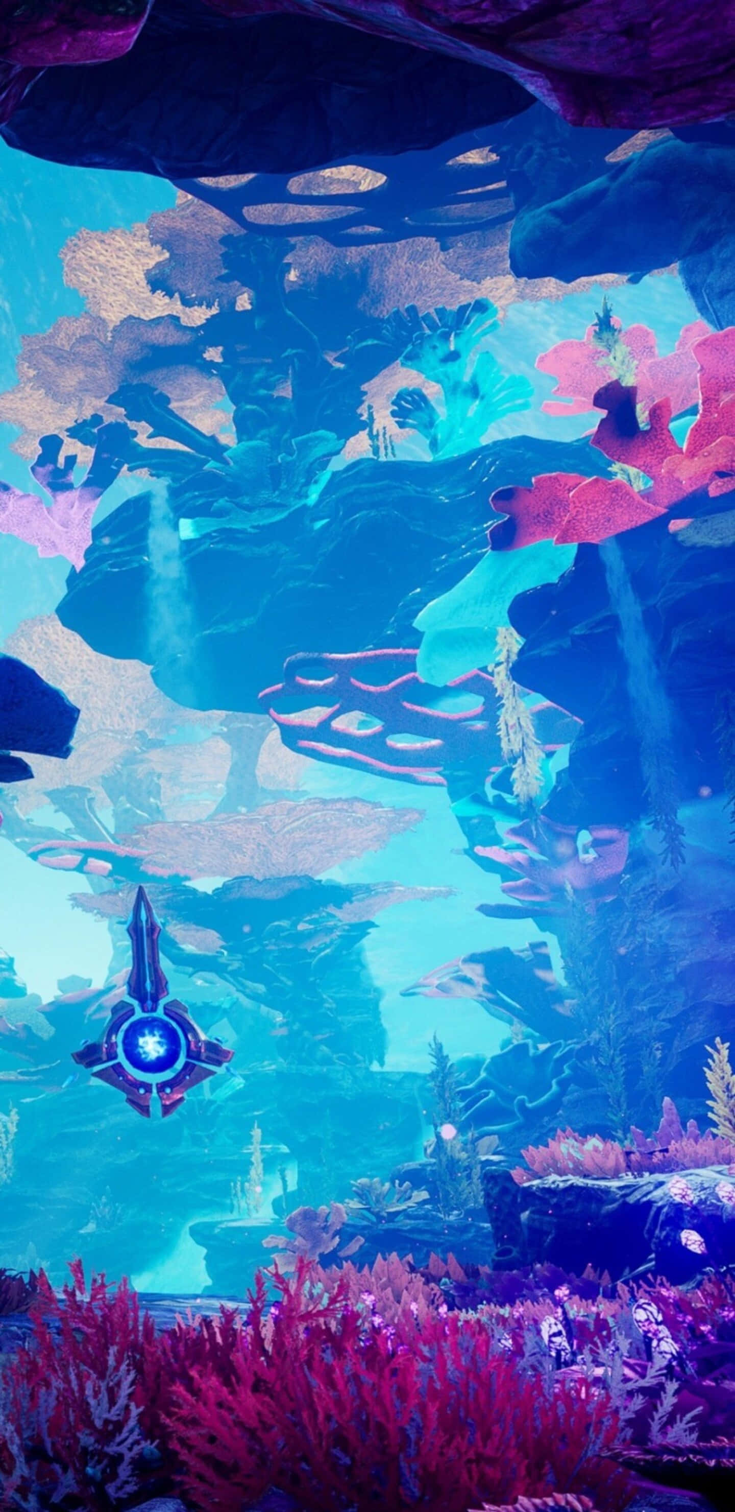 Pixel 3xl Godfall 桌布 壁紙 — 一艘發光的藍色太空船在一個超現實的水下洞穴中漂流，洞穴中有鮮豔的粉紅色珊瑚和漂浮的岩石結構。