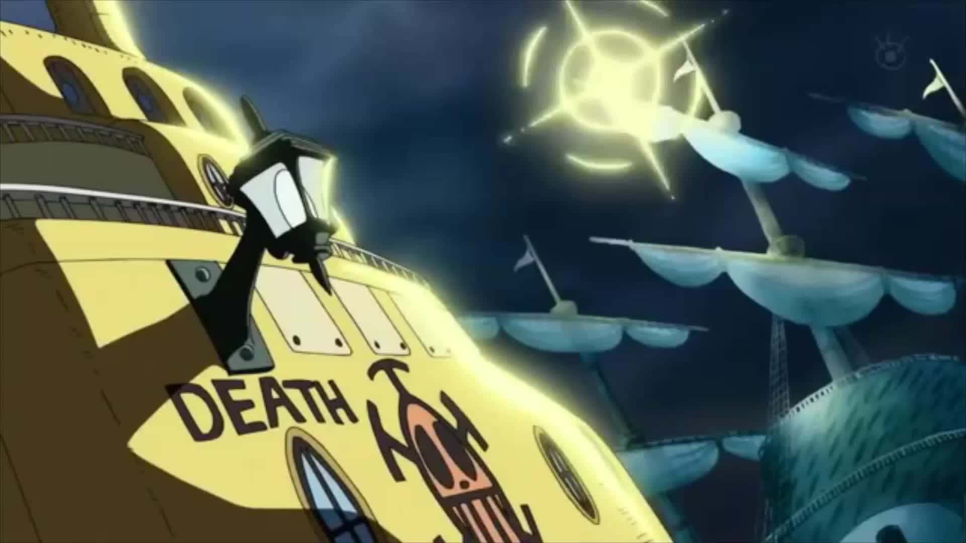 Marineford War 桌布 壁紙 — 一艘發光的黃色海盜船，側面寫有「DEATH」，在漆黑的夜空中於明亮天體下航行。