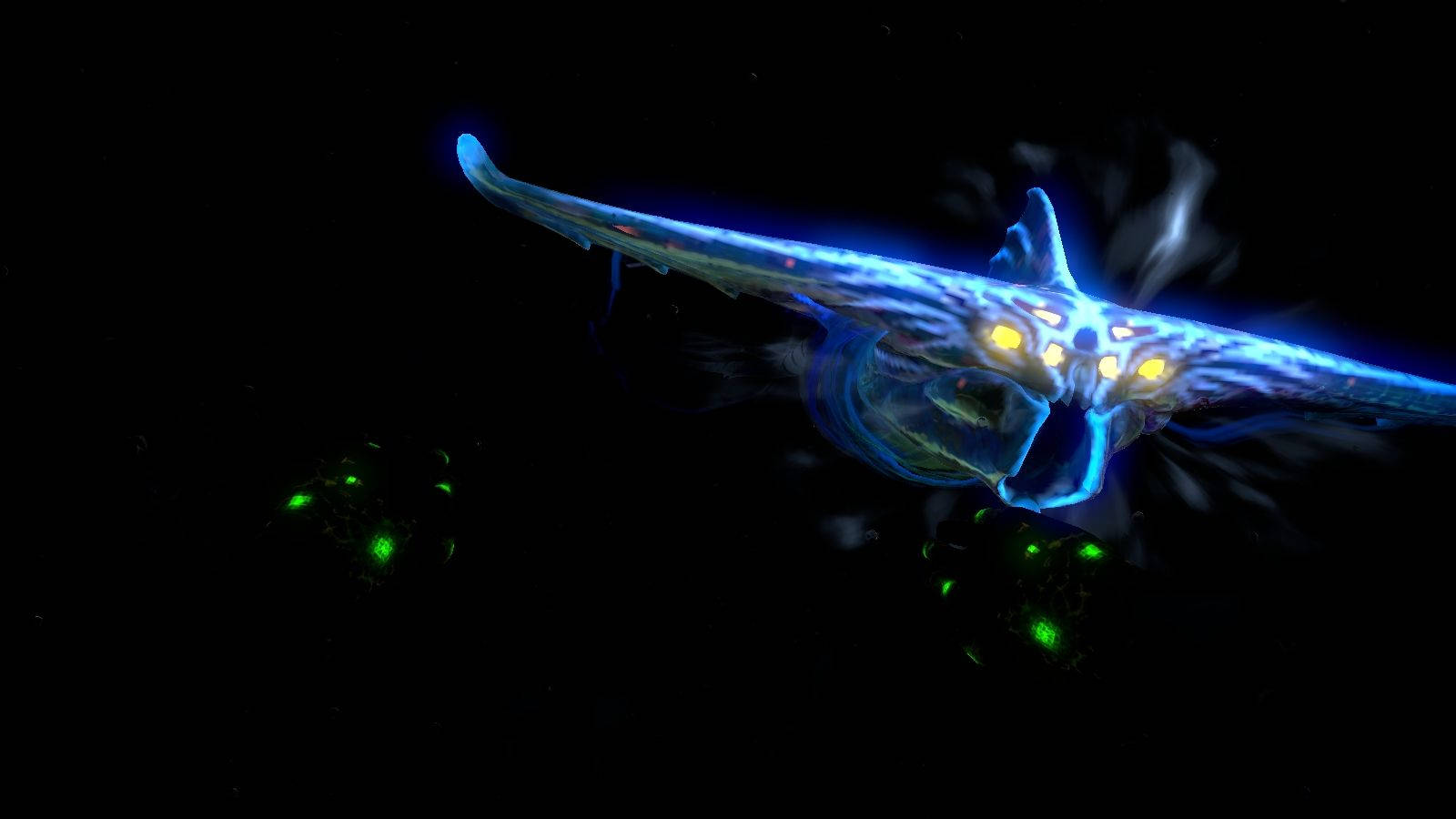 ghost leviathan 桌布 壁紙 — 一艘發光藍色外星飛船，帶有黃色眼睛，在黑暗太空中靠近綠色發光球體飛行。