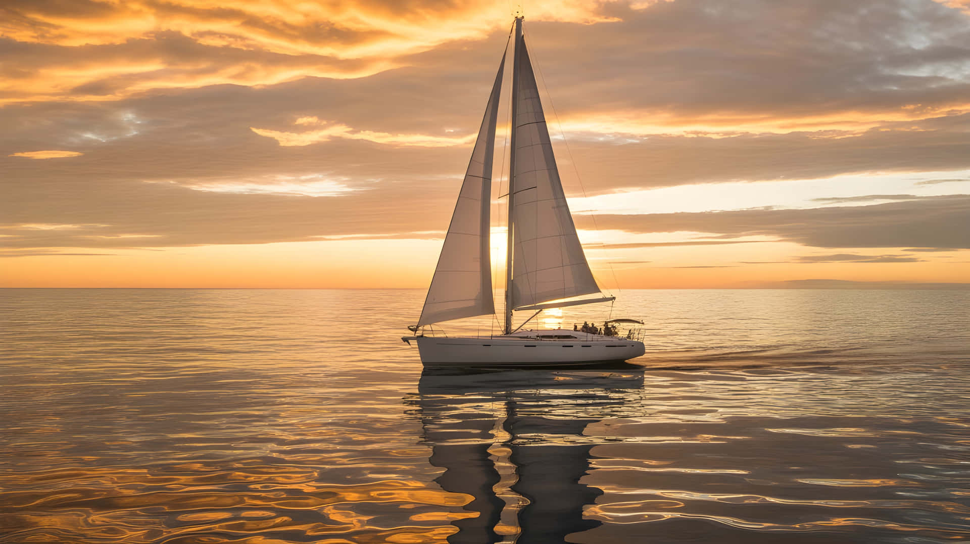 Sailing Into the Golden Sunset Seascape Wallpaper 壁紙 — 一艘白色帆船在日落時分的平靜水面上滑行，金色的雲彩倒映在漣漪的海面上。