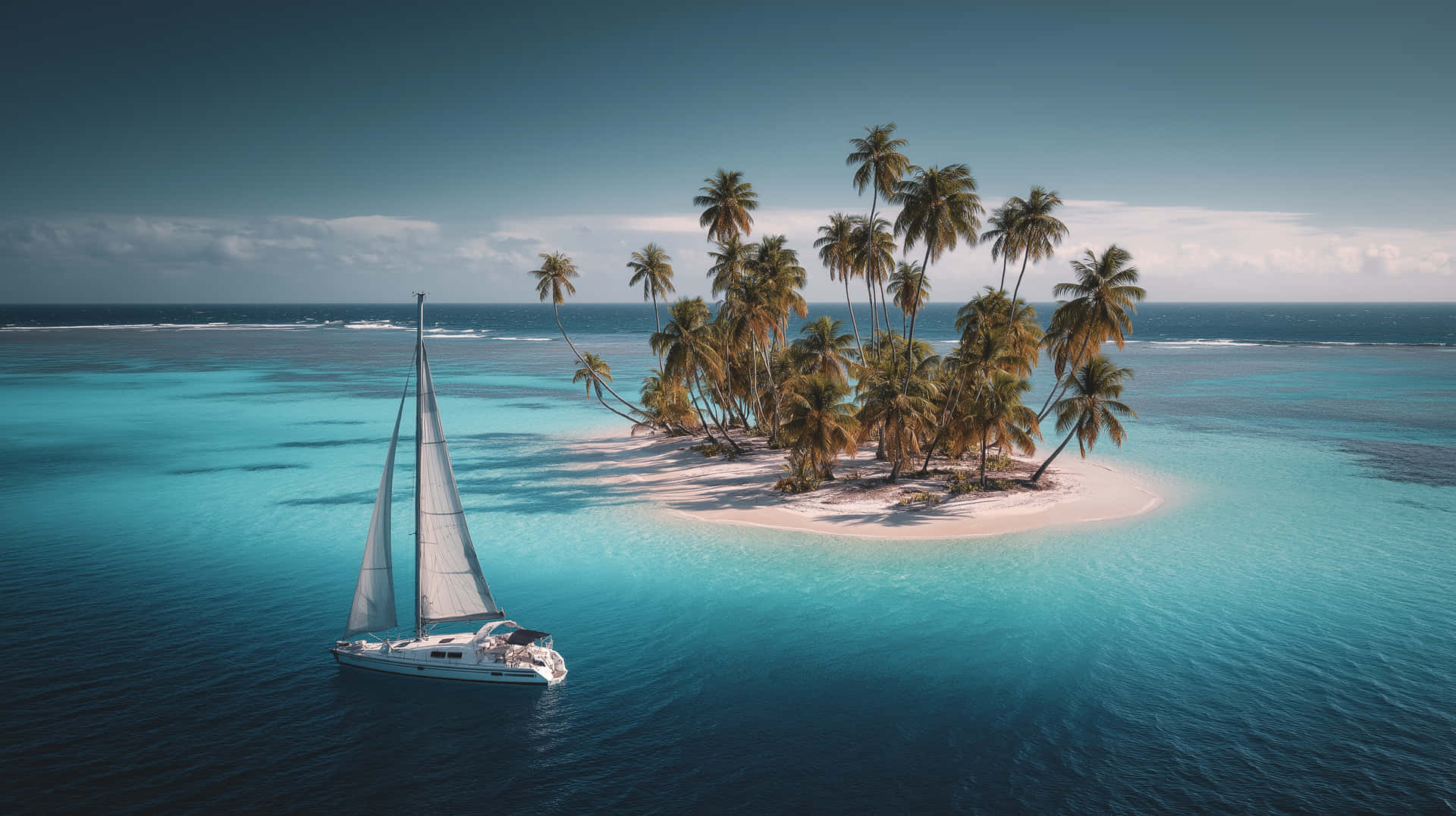 Stunning Tropical Retreat with Sailboat in Ocean 壁紙 — 一艘白色帆船在碧綠色的海水中滑行，駛向一個被搖曳的棕櫚樹覆蓋的隱蔽熱帶島嶼。