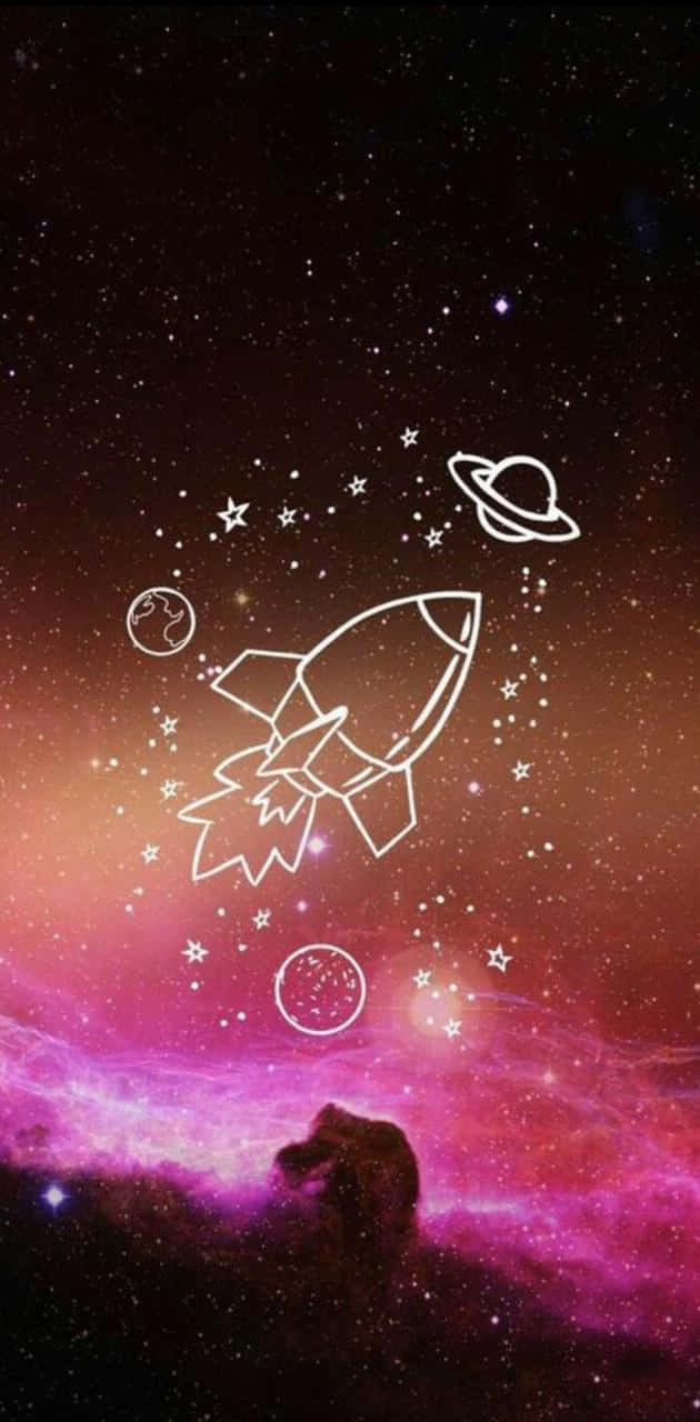 Hipster Galaxy Tumblr 桌布 壁紙 — 一艘白色輪廓的火箭飛船飛過行星和恆星，背景是充滿活力的粉紅色和紫色宇宙星雲。