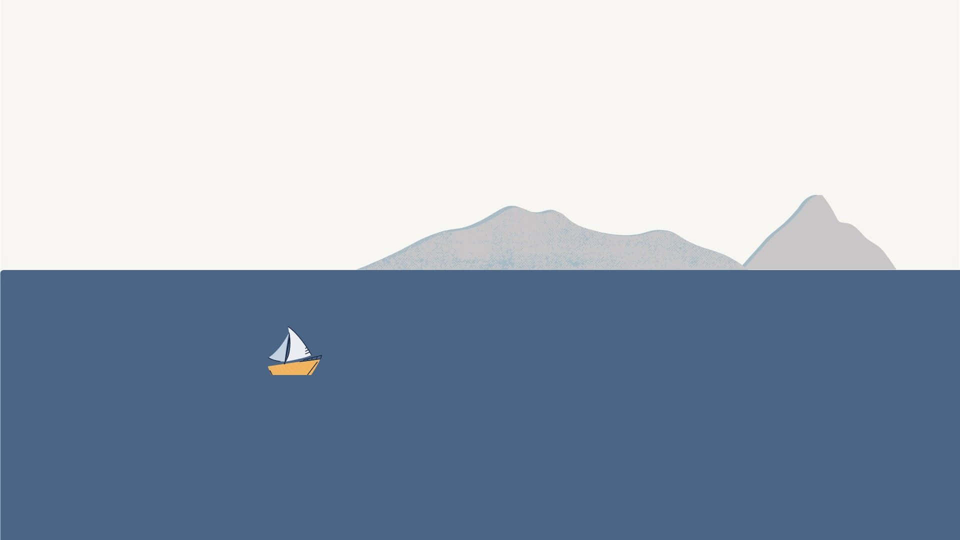Sailboat 桌布 壁紙 — 一艘簡約風格的帆船漂浮在平靜的藍色水面上，遠處有灰色的山脈，天空蒼白。