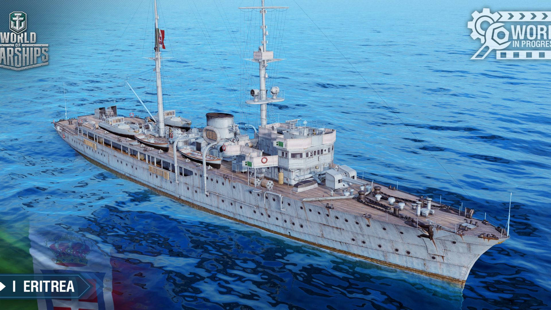 Eritrea 桌布 壁紙 — 一艘精細的3D渲染戰艦在晴朗天空下，於深藍色海洋上平靜航行。