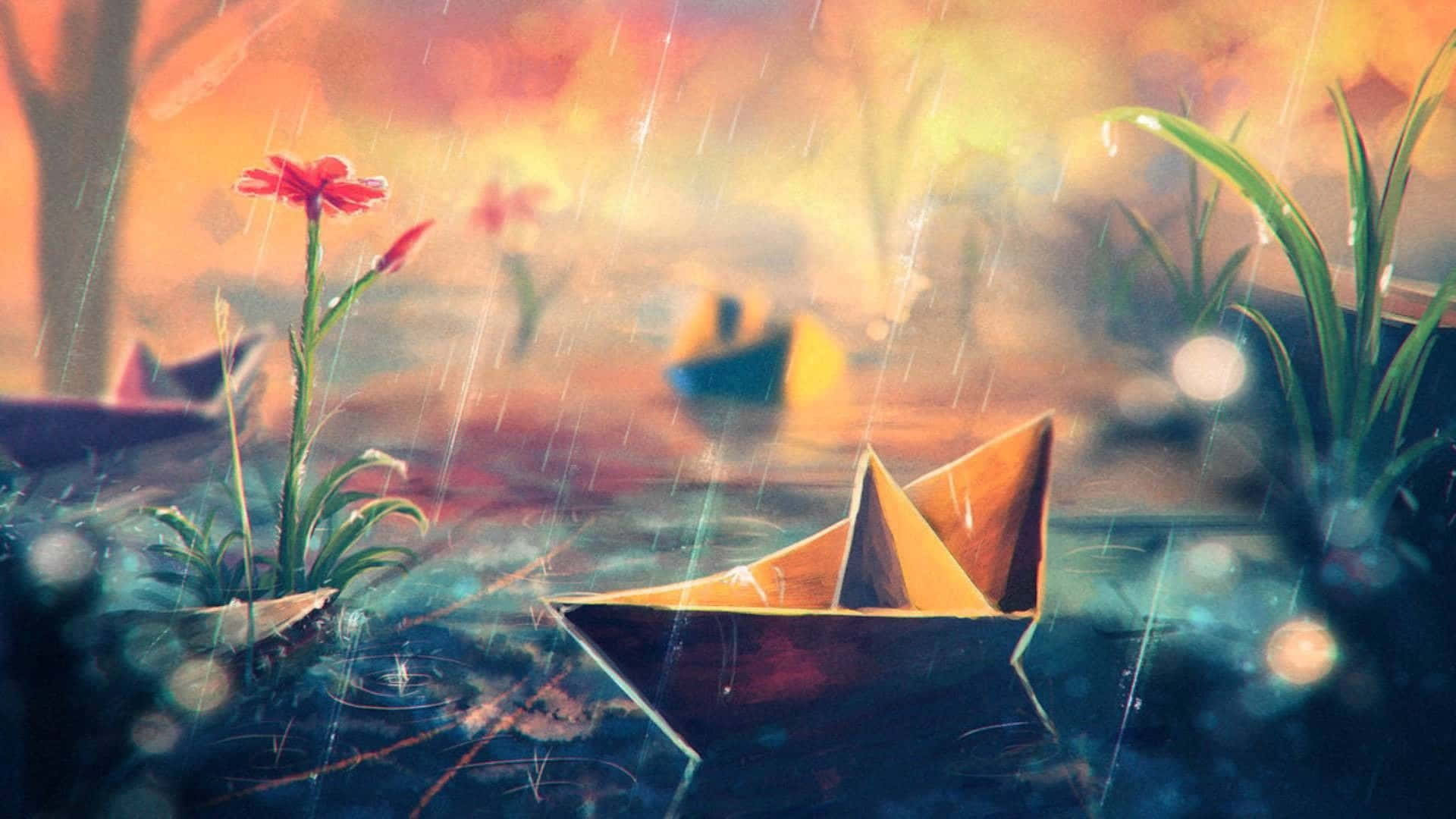 Drawing Desktop 桌布 壁紙 — 一艘精緻的紙船漂浮在雨水濕滑的水面上，下方是溫暖發光的天空，附近有盛開的紅花。