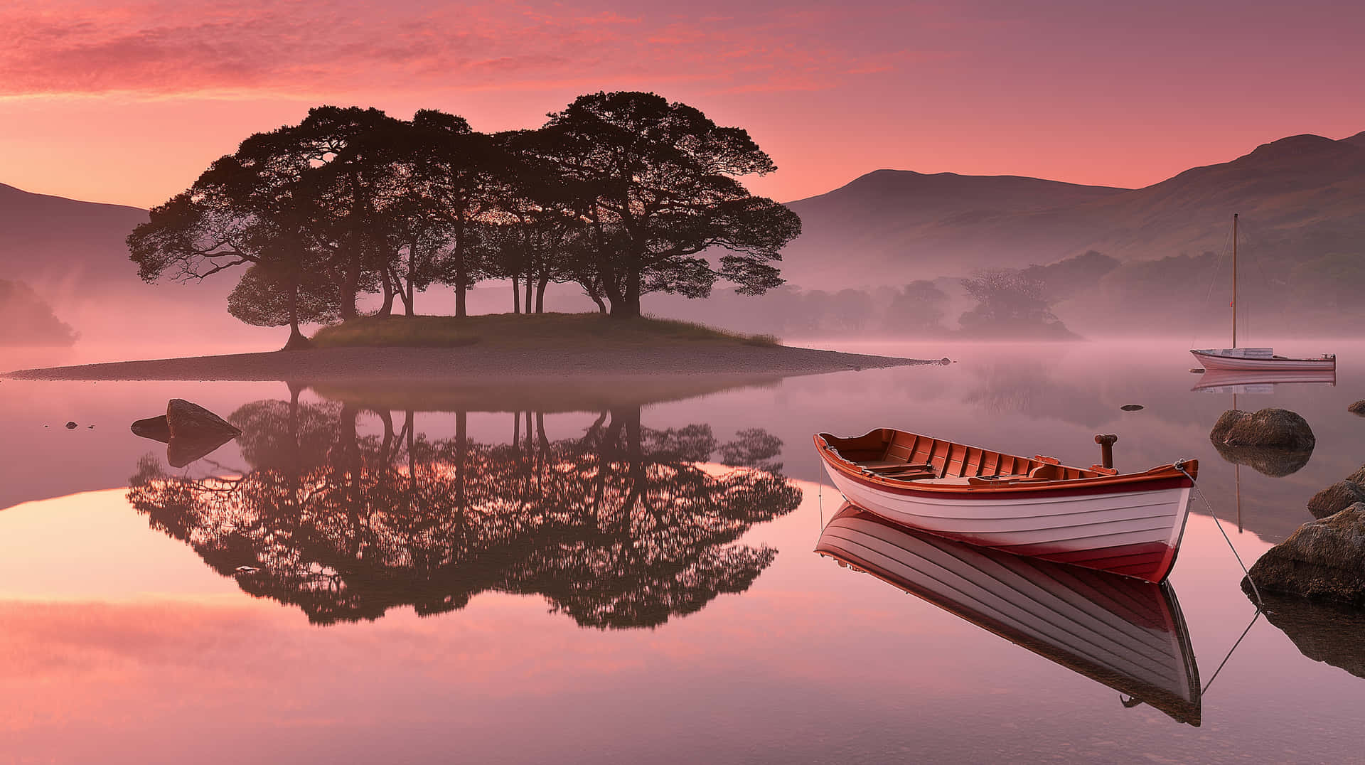 Serene Dusk Landscape with Lake, Island, and Boats Reflected 壁紙 — 一艘紅白相間的划艇漂浮在霧氣瀰漫的水面上，倒映著粉紅色的日落和遠處島嶼上的樹木剪影。