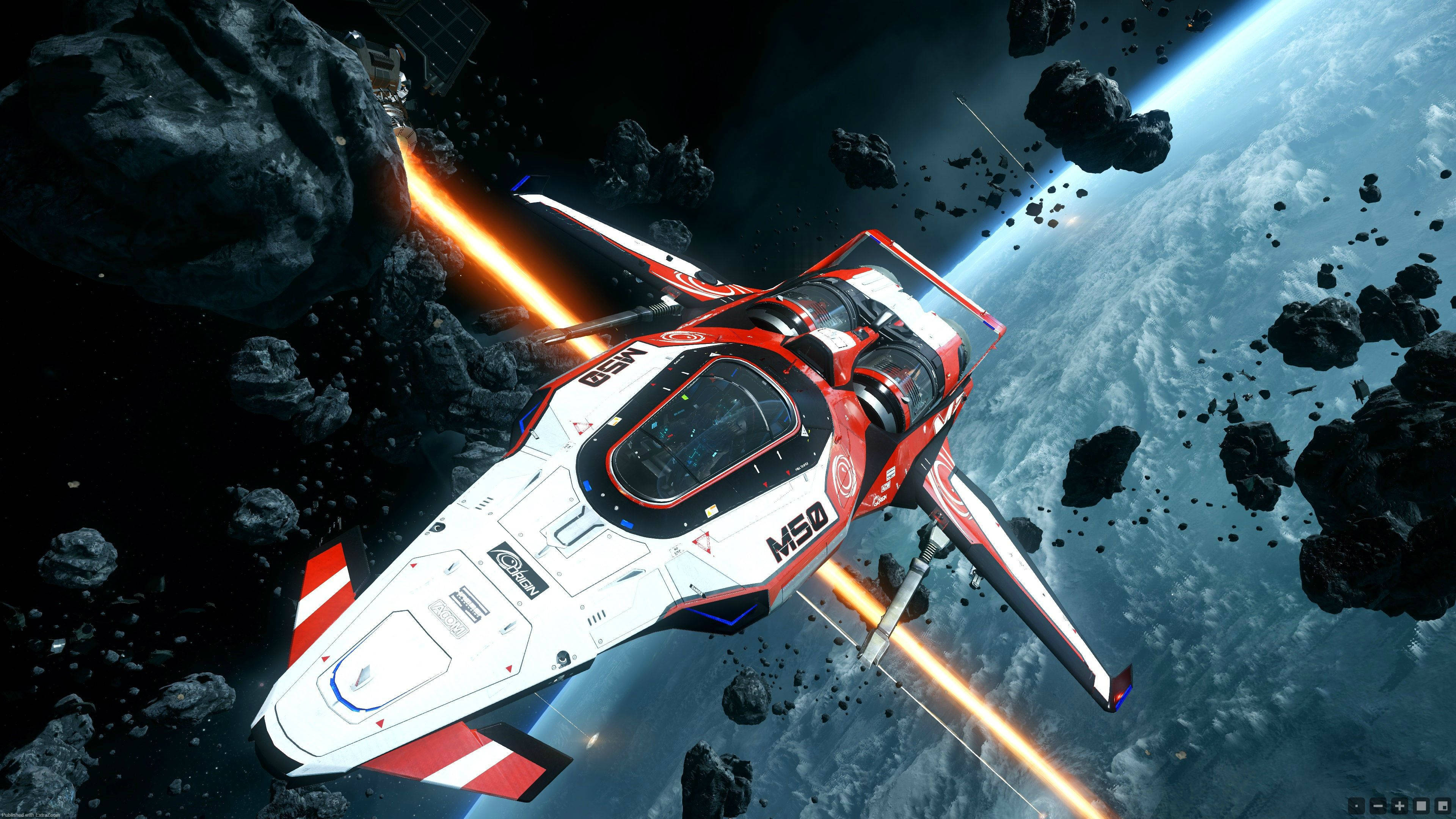 Star Citizen 桌布 壁紙 — 一艘紅白相間的未來太空船穿越小行星帶，背景可見地球。