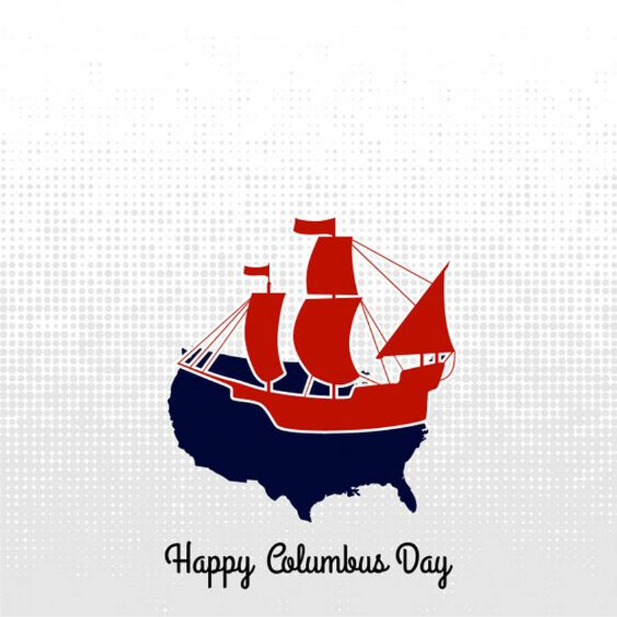 Columbus Day 桌布 壁紙 — 一艘紅色和藍色的風格化帆船停放在美國海軍藍色地圖上，背景為點狀灰色，並帶有「Happy Columbus Day」文字。