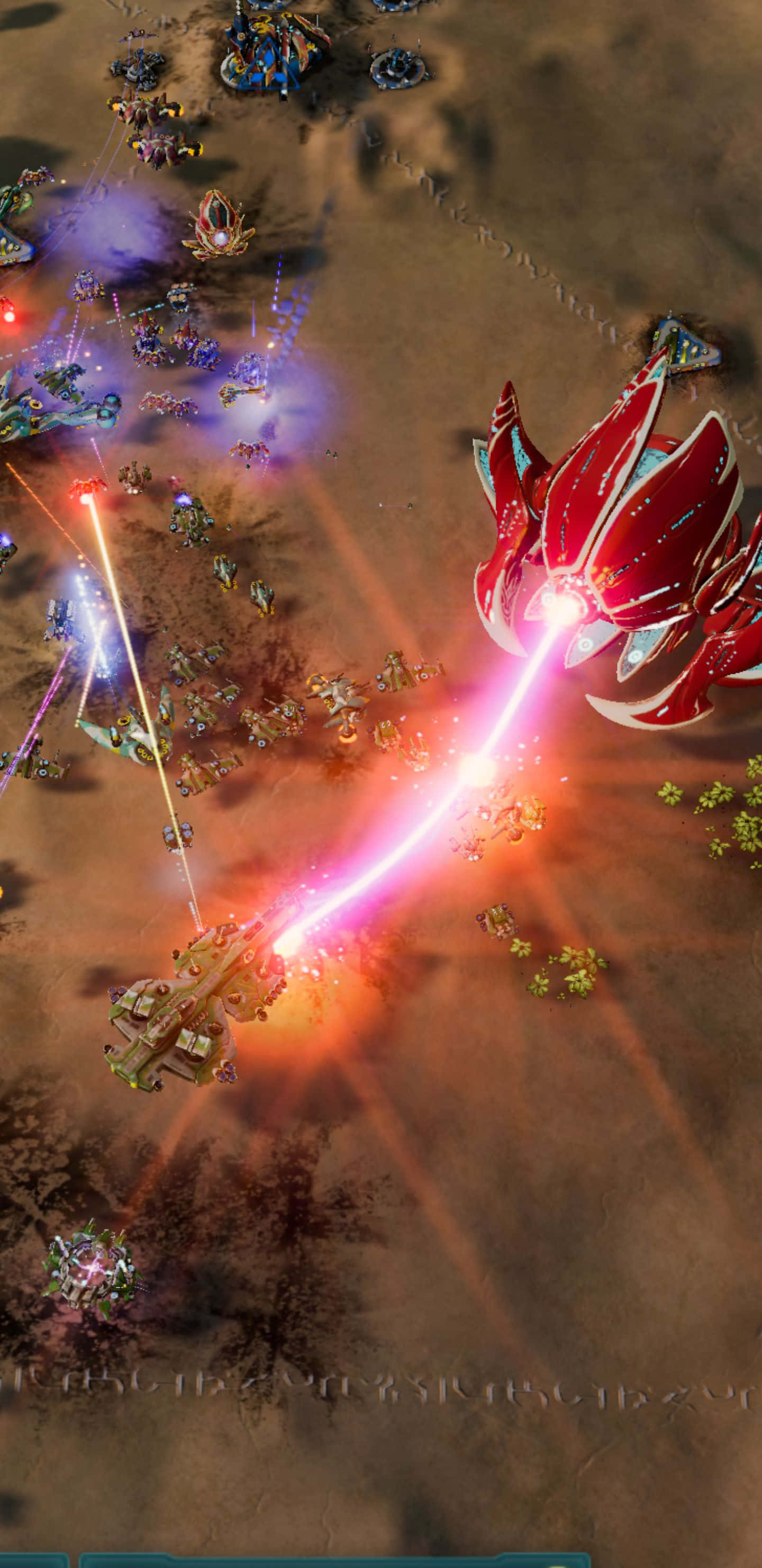 Pixel 3xl Ashes Of The Singularity Escalation 桌布 壁紙 — 一艘紅色的未來太空船在沙漠戰場上向敵方單位發射明亮的粉紅色光束，伴隨著發光的爆炸。