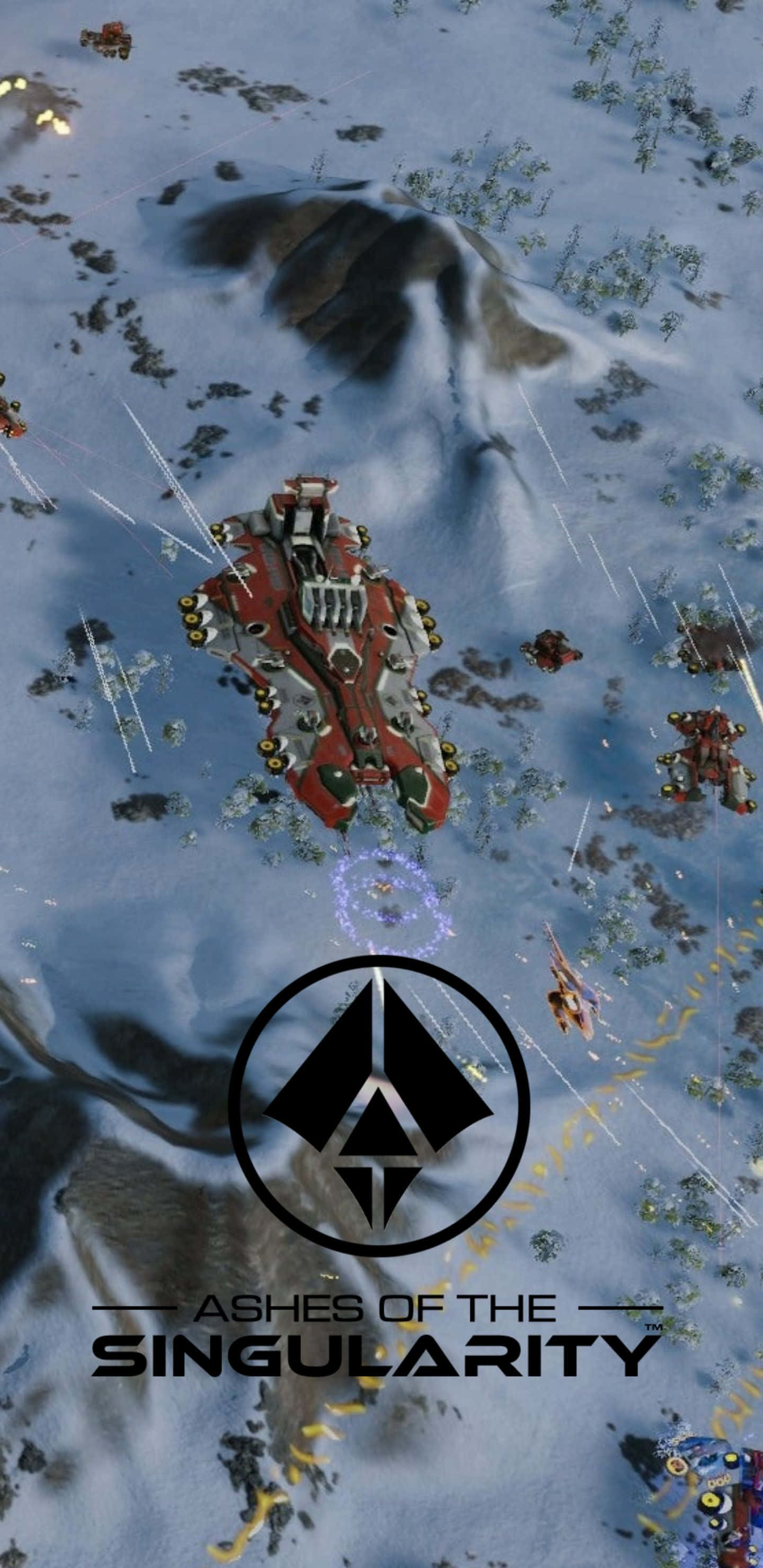 Pixel 3xl Ashes Of The Singularity 桌布 壁紙 — 一艘紅銀色的戰艦在雪地中戰鬥，伴隨著發光的能量光束和散落的碎片。