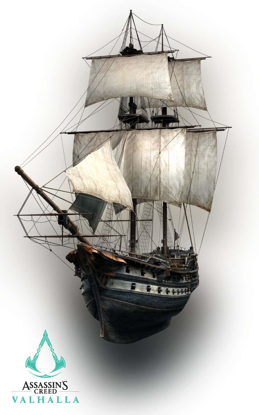 遊戲 桌布 壁紙 — 一艘細節豐富的3D渲染維京長船，帶有風化的帆和木製船體，懸浮在純白色背景前。
