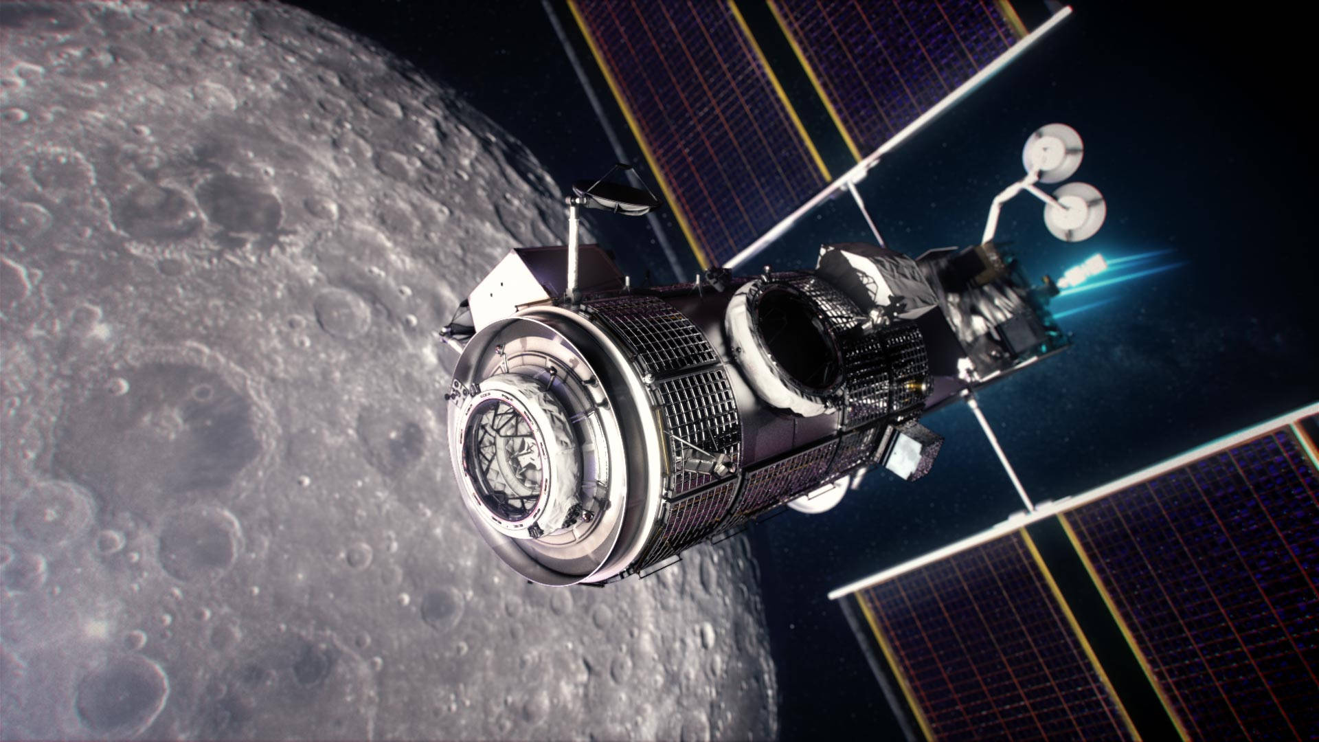 Spacex Starship 桌布 壁紙 — 一艘細節豐富的太空船帶有太陽能板，在繁星點點的黑色天空下繞著佈滿隕石坑的月球運行。