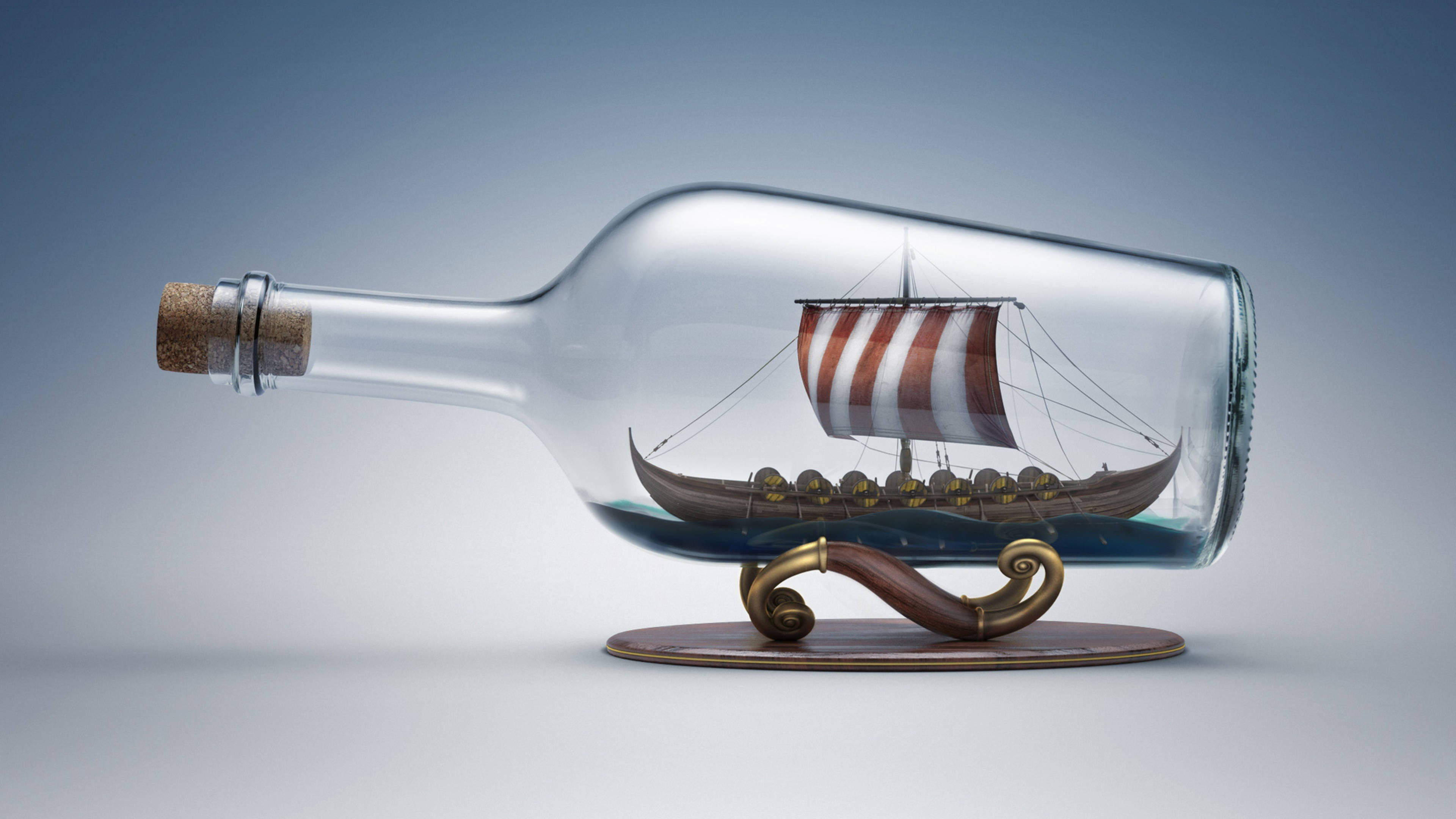 Viking Ship 桌布 壁紙 — 一艘細節豐富的微型維京船，帶有紅白條紋帆，放置在一個用軟木塞密封的透明玻璃瓶中，展示在一個華麗的木製支架上，背景是柔和的漸變色。