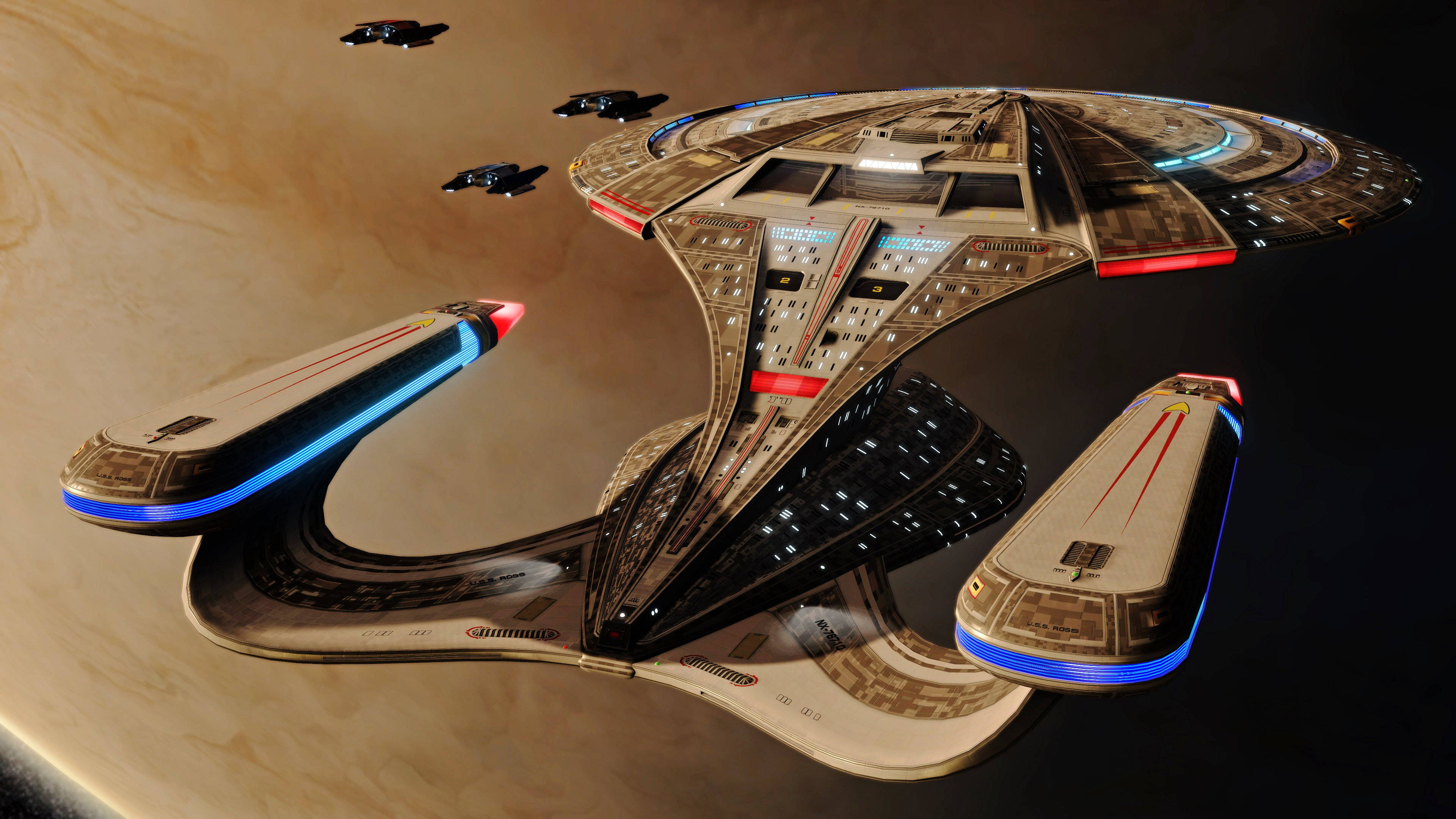 Starship 桌布 壁紙 — 一艘細節豐富的星艦，配備發光藍色引擎，繞著一個擁有旋轉雲層的巨大行星運行。