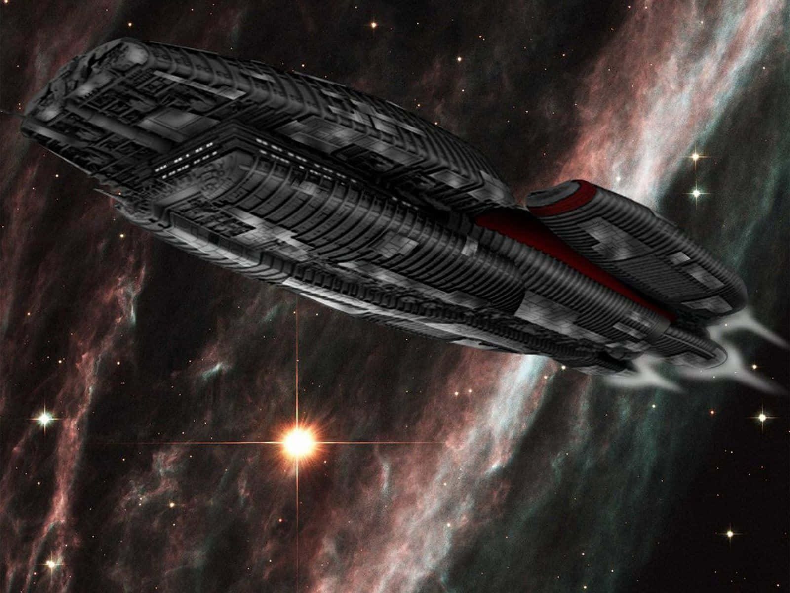 battlestar galactica 桌布 壁紙 — 一艘細節豐富的未來太空船滑過充滿發光恆星和旋轉粉綠色雲彩的鮮豔宇宙星雲。
